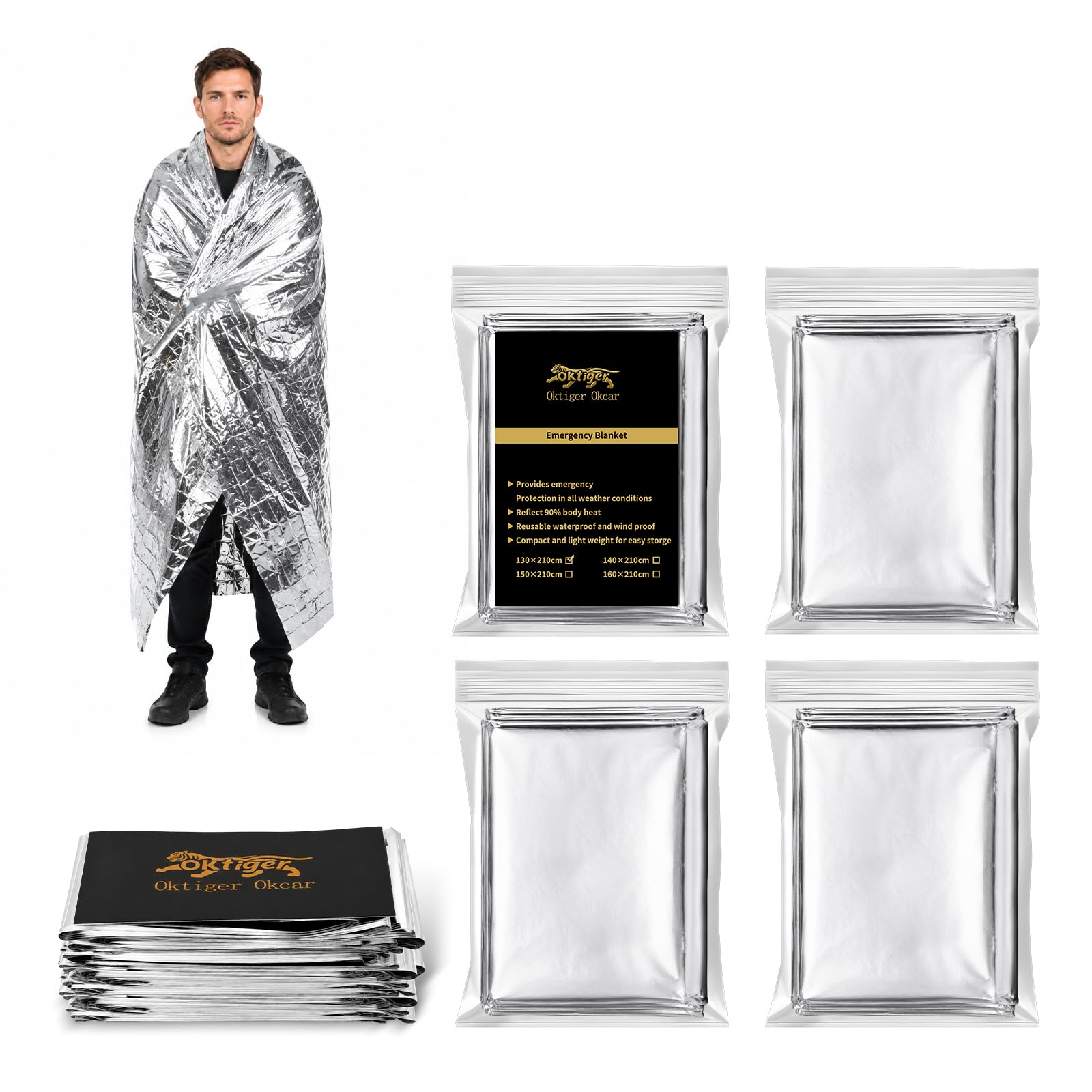 oktiger 4 Pack Emergency Blanket Thermal Mylar Rescue Blanket Waterproof Foil Survival Gear, 83'' L x 52'' W Fits Essential for Vehicle Breakdown, Automotive, Roadside Safety, Survival Or First Aid