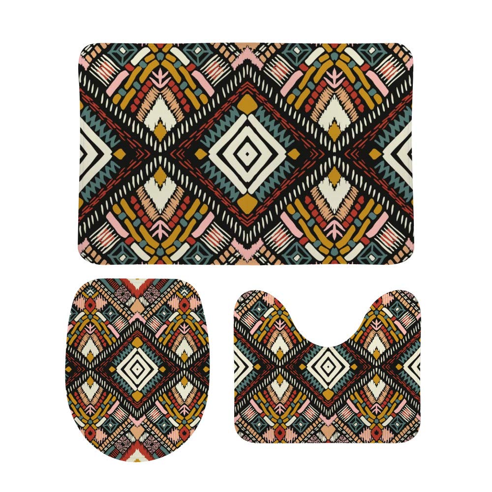 Tapis ethnique avec chevrons pour sol sécurisé | Lot de 3 tapis de bain confort