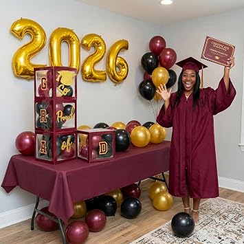 Maroon Black and gold Decorations 2026 Set of 4 Graduation Balloon Boxes with Balloon Arch Garland Kit So Proud of You 2026 Graduation Party Decorations
