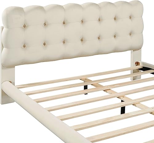 Miniatura 93 de Base de cama flotante tamaño Queen con luces LED y carga USB, marco de cama LED de plataforma tapizada moderna, no necesita somier (blanco-1)