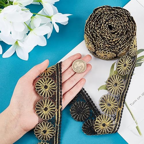 Miniatura 6 de PH PandaHall Cinta de jacquard de 5 yardas16.4 ft, cintas bordadas de margaritas de 1-18  2 pulgadas, cinta tejida dorada, cinta de costura bohemia