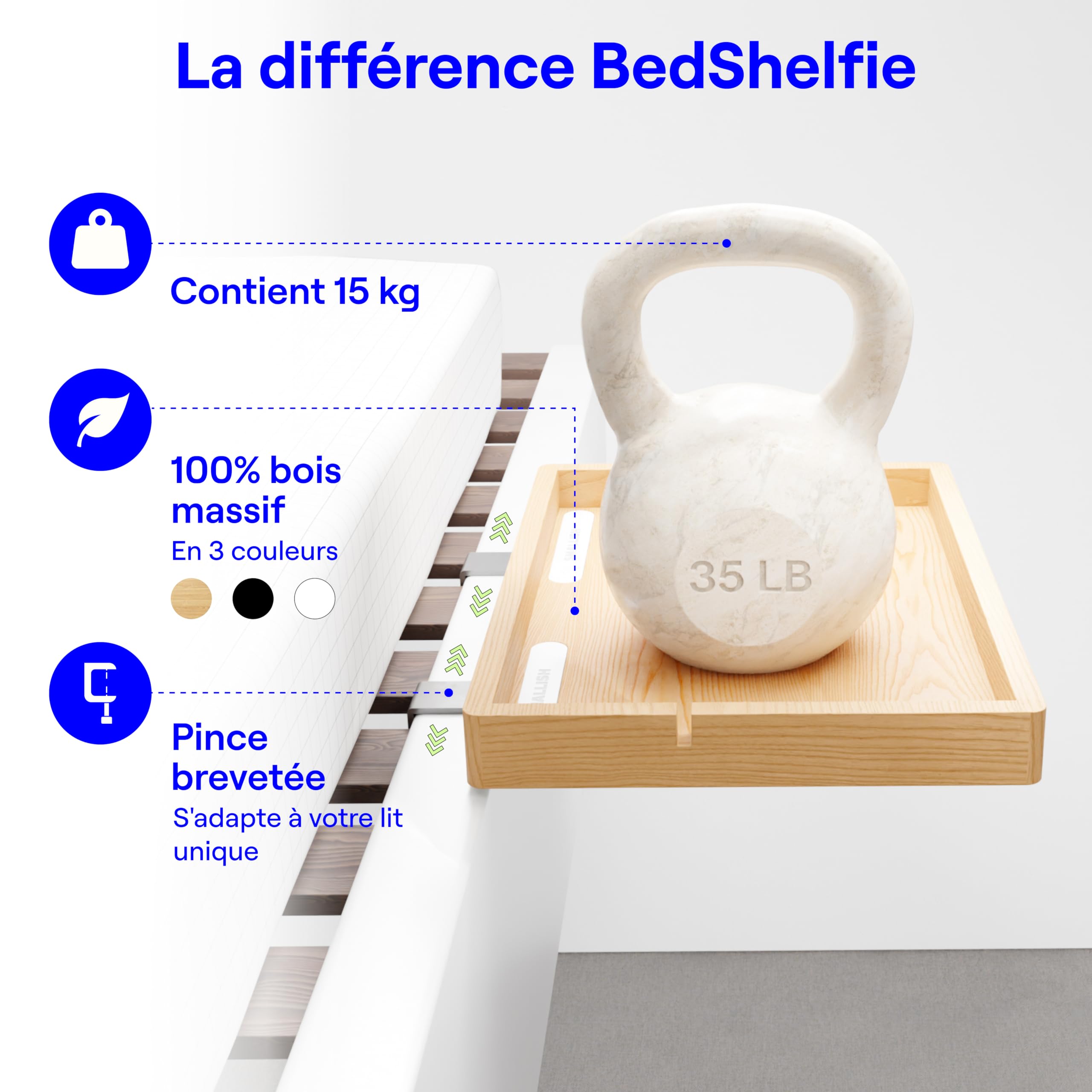 BedShelfie Étagère de Chevet pour Lit, Table de Nuit Suspendue, Accessoires Essentiels pour Dortoir Universitaire, Table de Chevet à Suspendre de Loft, Plateau de Lit (Modèle Flexfit, Naturel)