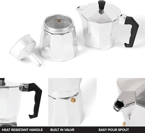 Vista 3 de Farberware Cafetera de aluminio para estufa, cafetera Moka para café de estilo cubano e italiano, funciona para todo tipo de estufas, mango