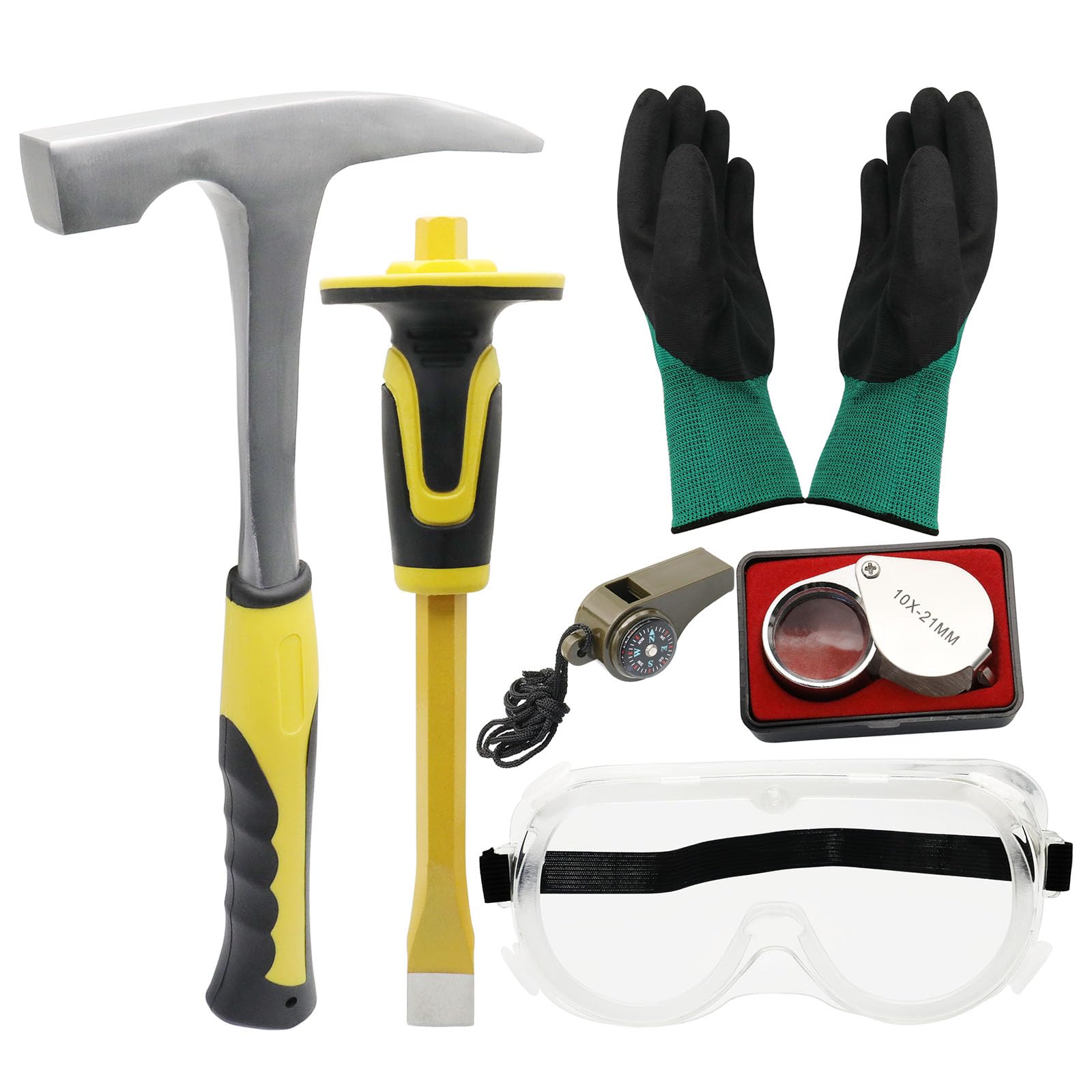 Geology - Kit di 6 strumenti per piccone, martello da 850 g e scalpello da scavo da 30,5 cm, occhiali di sicurezza, fischietto, lente di ingrandimento da gioielliere e guanti, set di strumenti