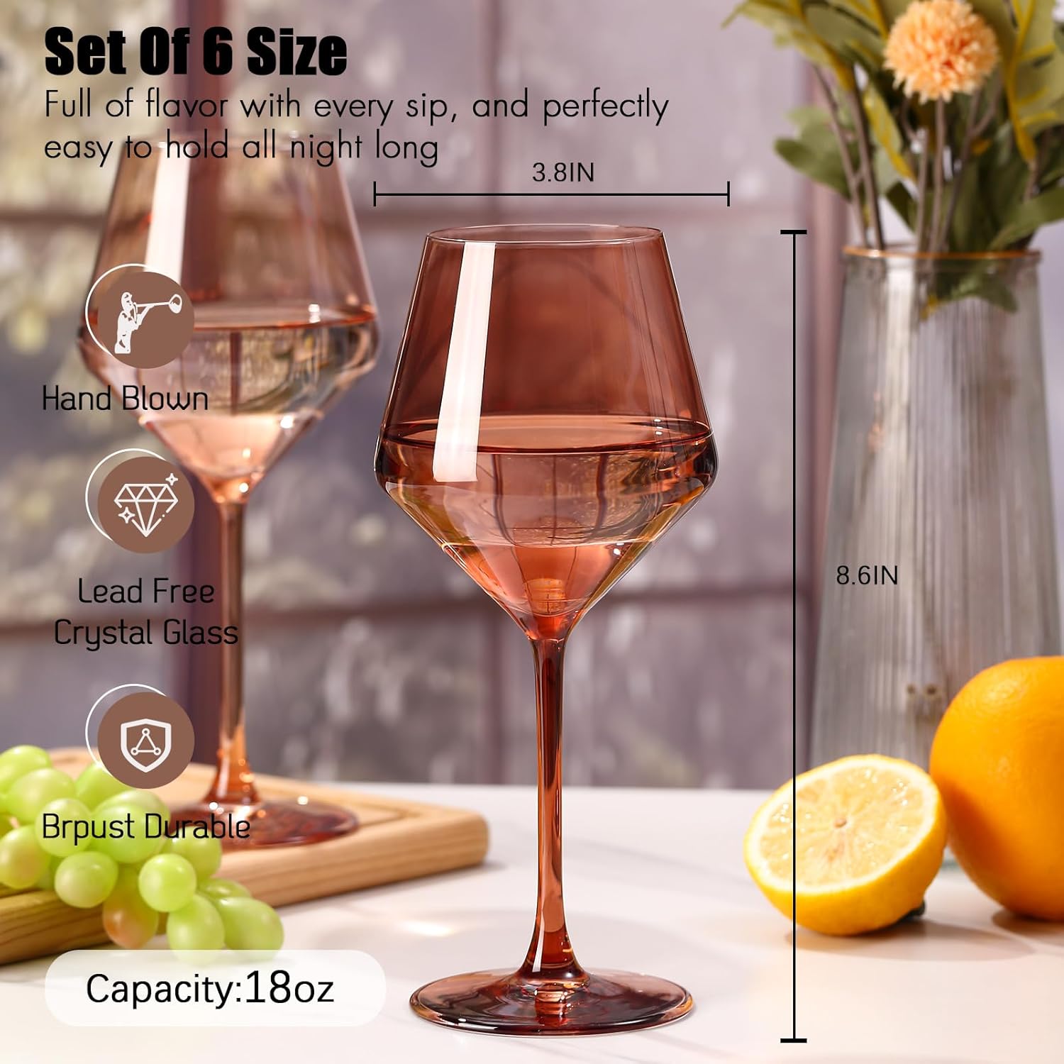 Hand Blown Brown Wine Glasses Set of 6,18 oz Crystal Amber Wine Glasses,Autumn/Winter Collection Glassware, Wedding,Birthday,Christmas gifts set for wine lovers - Image 3