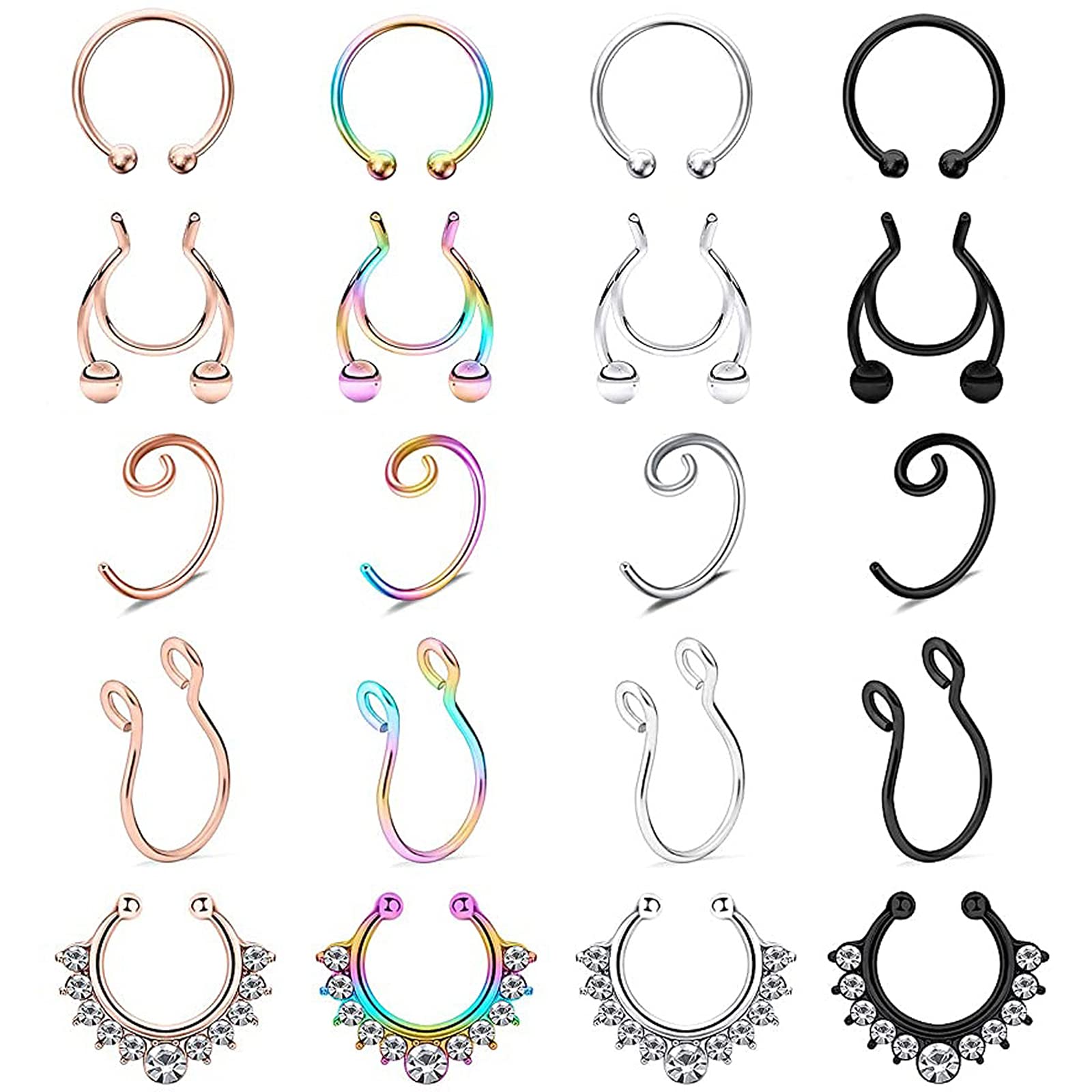 Weinsamkeit 20 Piezas Piercing Falsos Nariz Acero Inoxidable Falso Septum, Helix Piercing Clip No Perforado Falso Aro Joyería Piercing para Mujer Hombre
