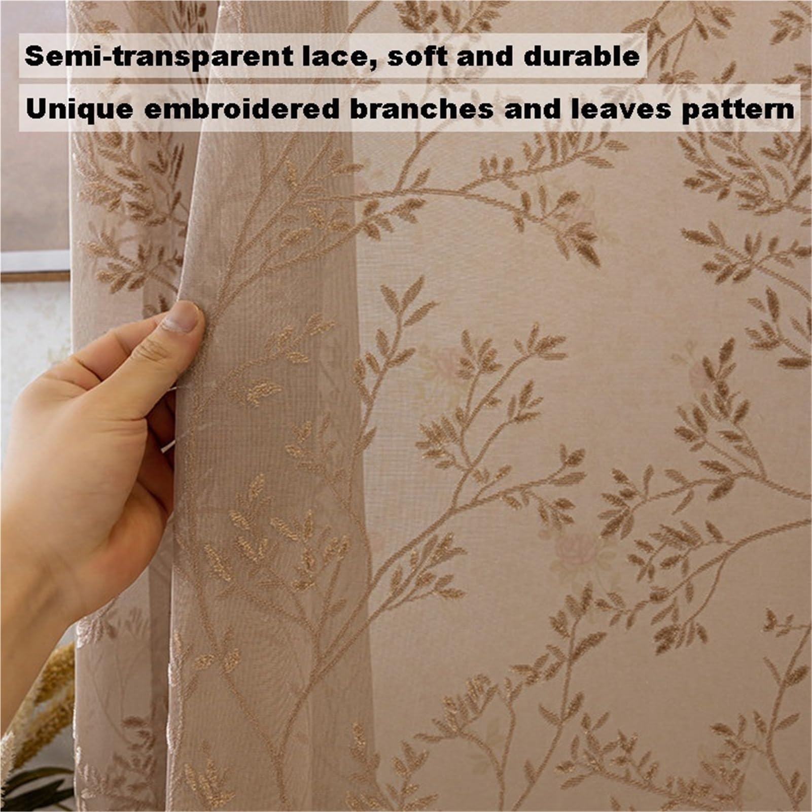 Voilage Fenetre Rideau Salon Cuisine Chambre Semi Transparent Motif De Branches De Feuille Dentelle Broderie | Lot De 2 Œillets Souple Lavables Intimité(Coffee,140 x 260 cm)