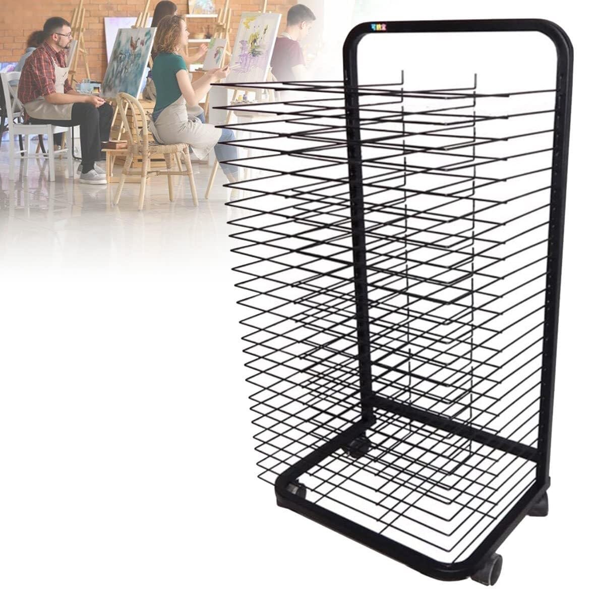 PPXCZZ Mobile Art Drying Rack with 20, 25, 30, or 35 Shelves, Durable Metal Frame, Lockable 360° Wheels for Studios & Classrooms(25floors)