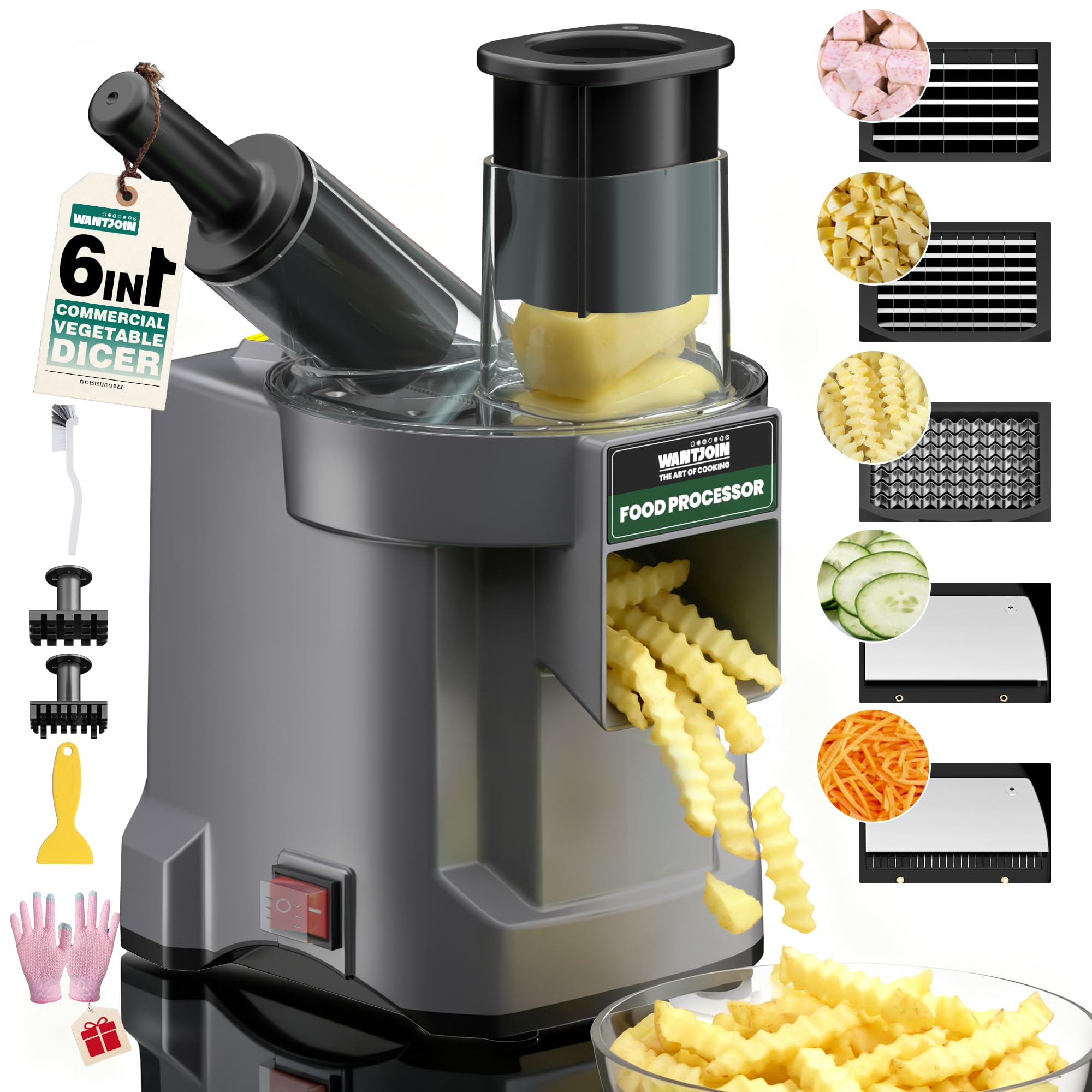 WantJoin 6-In-1 Commercial Electric Vegetable Slicer - Multifunctional Commercial Electric Food Dicer Processor For Slicing(2.5mm), Dicing(8/12mm), Chopping(2.5mm), Shredding, Crinkle Cutting