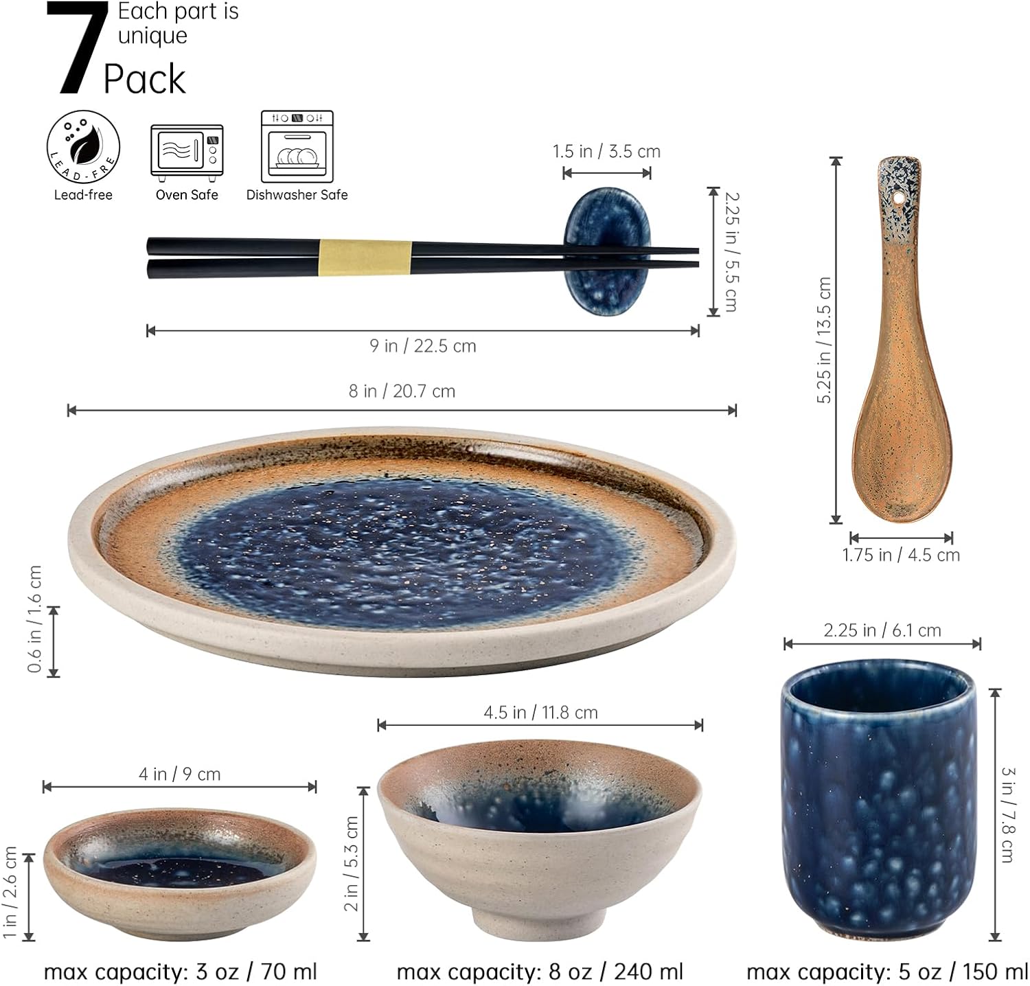 UNICASA Sushi Dinnerware Set,7Pcs Japanese Style Sushi Plate Serving Set, Includes 8 Inch Round Plate, 4.5 Oz Dipping Bowl, 3 Oz Dip Bowl, Spoon, Chopsticks and Rest