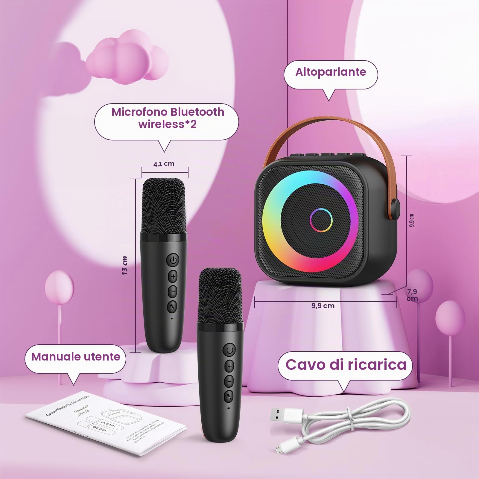 Karaoke per Bambini con 2 Microfoni Wireless & Luci LED - Microfono Bluetooth Effetti Voce 3-12 Anni