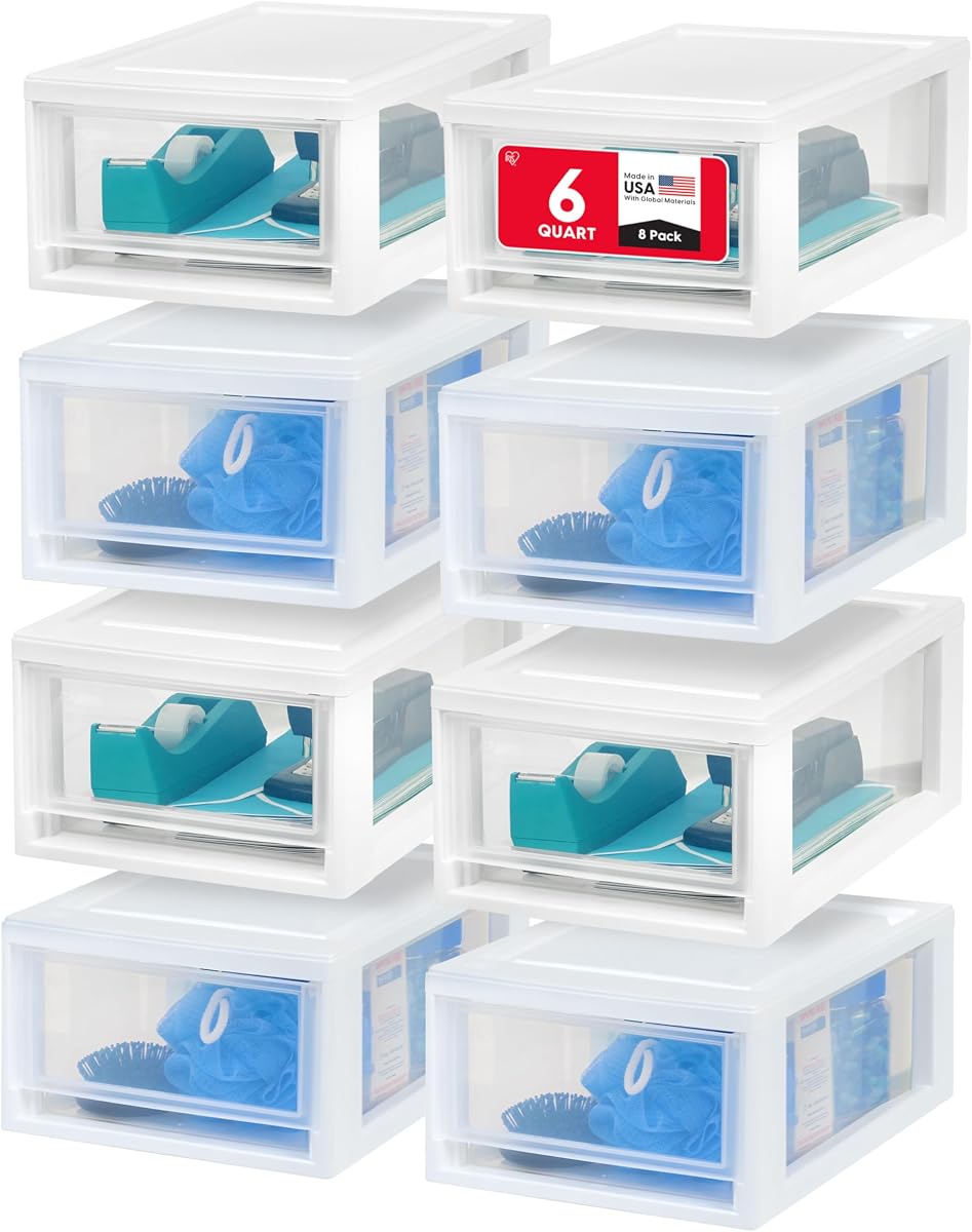 IRIS USA 8-Pack, 6 Qt. Small Stacking Drawer Storage Organizer, White | Organize dorm essentials, school supplies, toiletries, snacks, and accessories with stackable drawers for small-space storage