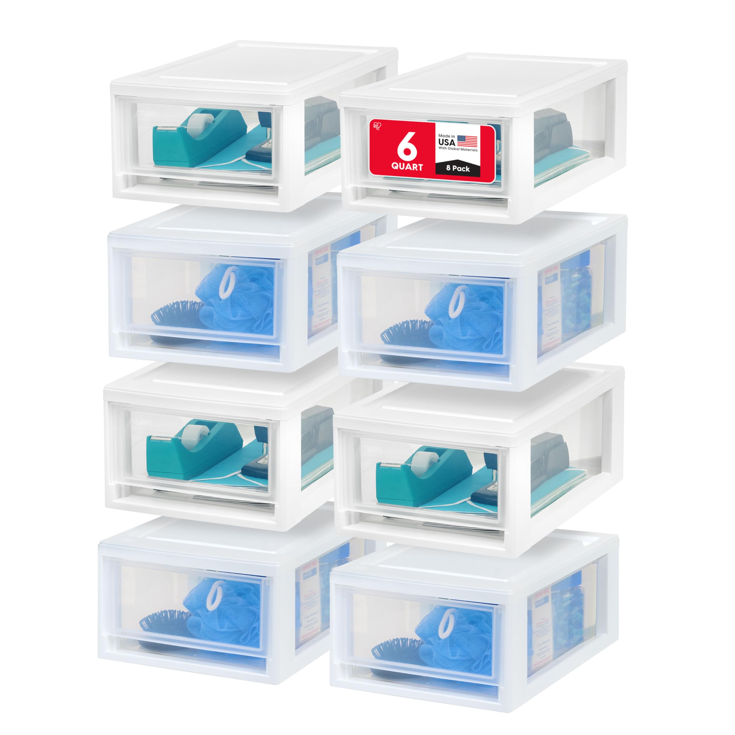 IRIS USA 6 Qt. Plastic Drawer Storage Organizer Stacking Drawers, 8-Pack, Stackable Unit with Sliding Drawer for Clothes Bedroom Kitchen Under Sink Pantry Craft Room Bathroom Dorm Office, White