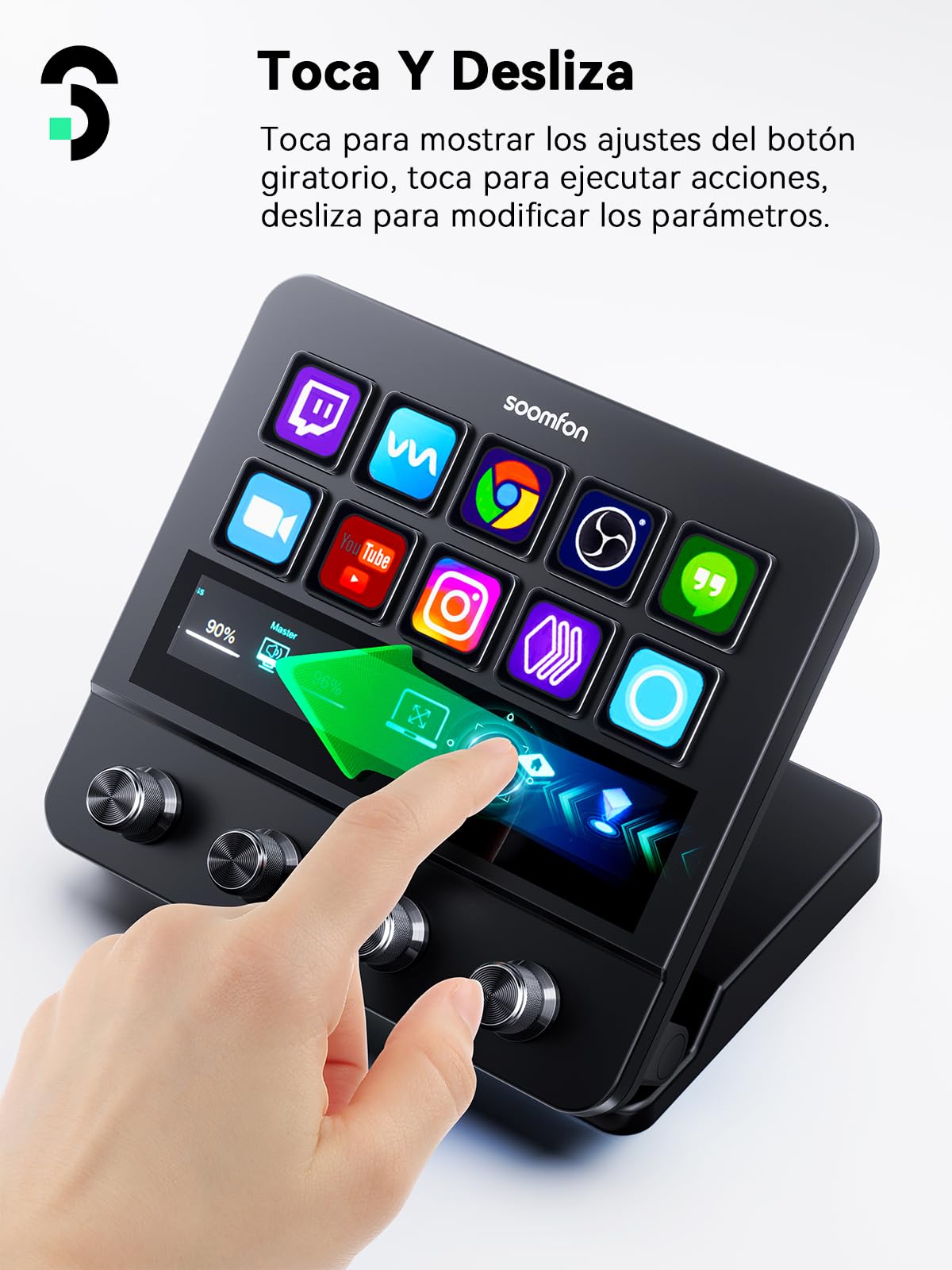 SOOMFON Stream Controller Deck 10 Teclas Macro&Pantalla Táctil&4 Perillas | Stream Controlador Deck con OBS Twitch YouTube PS Word Zoom Excel y Más, con Mac/Win, para Streaming Gaming Oficina Creación