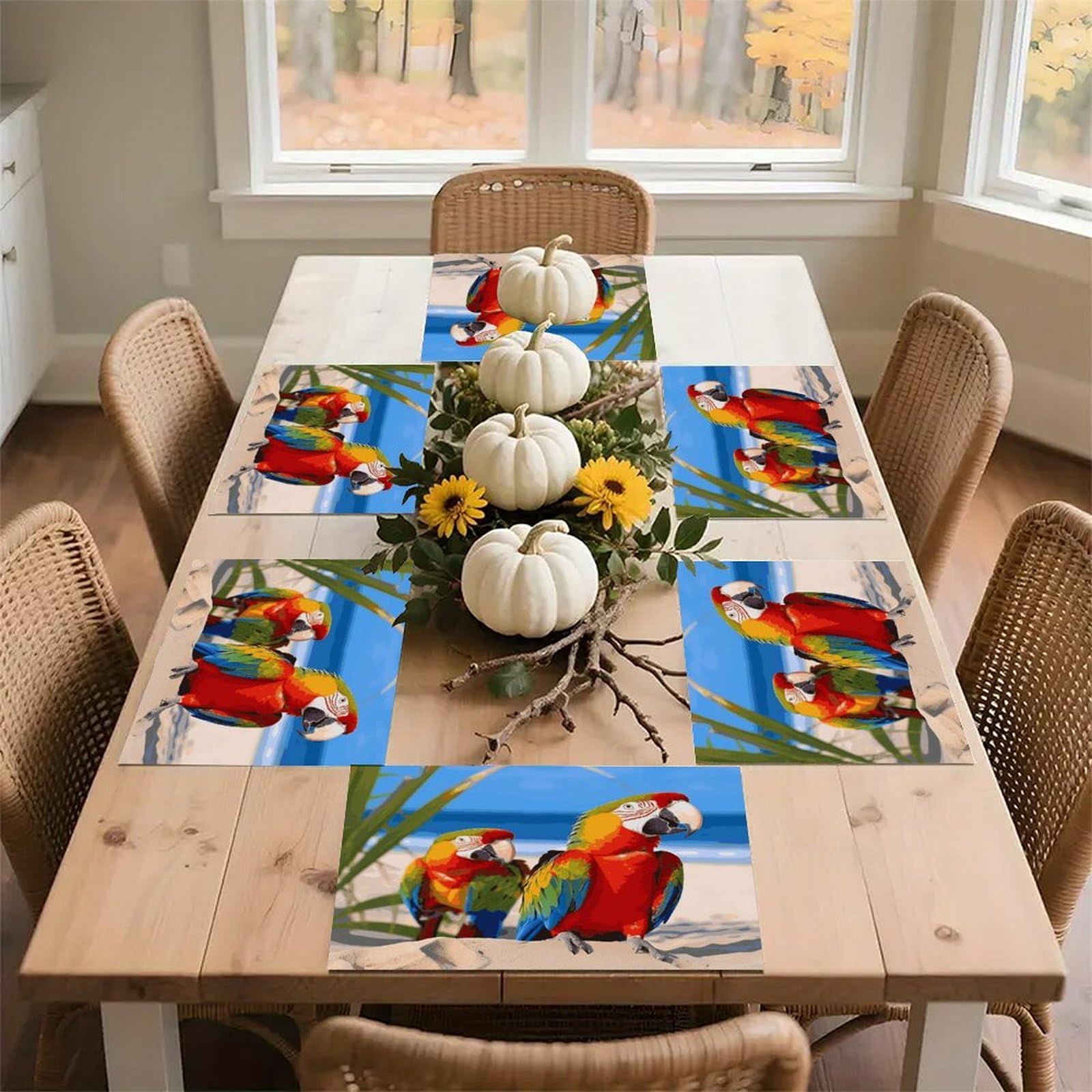 Beach Parrots Placemats Wipeable Heat Resistant Table Mats Washable Flax Place Mats Elegant Cloth Non-Slip Placemat for Kitchen Dinning Party Table Decor 12 * 18 in