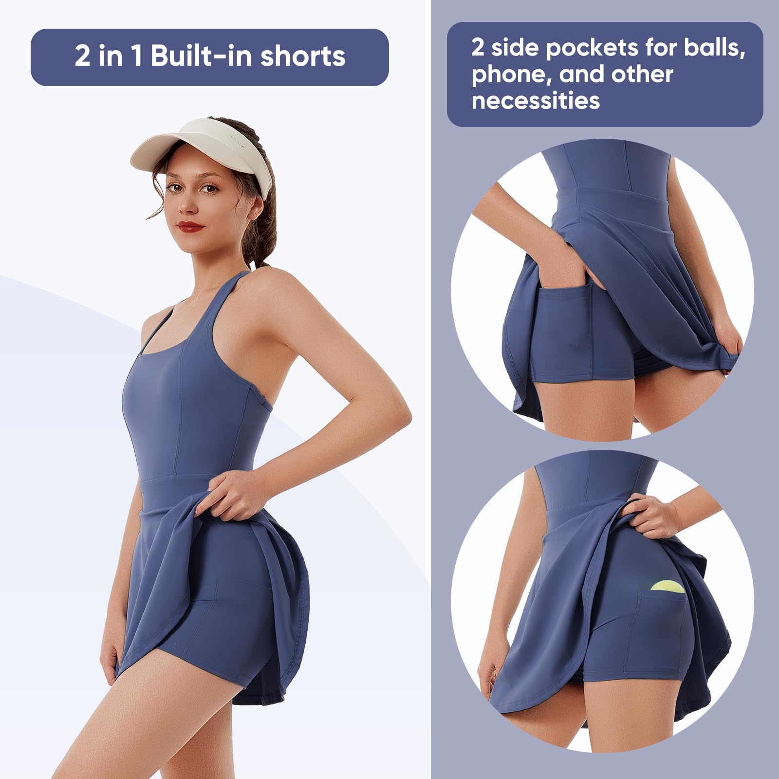 Bezioner Tenniskleid Damen Racerback Golfkleid mit Integriertem BH Shorts Taschen Reißverschluss Tennis Outfit Sportkleider