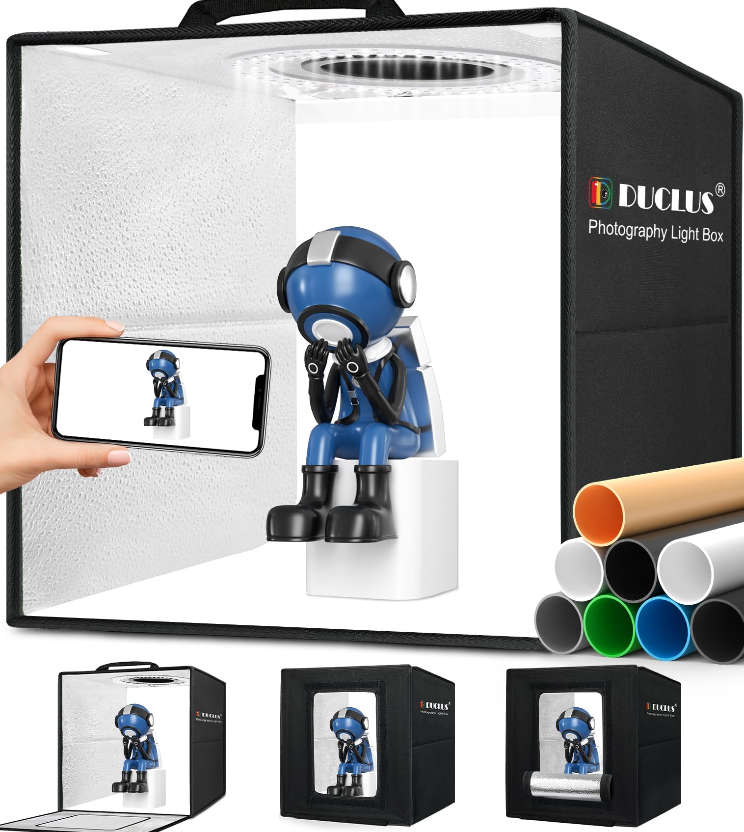 DUCLUS Light Box Photography, 12"x12" Photo Booth Box with 120 LED Lights Dimmable & CRI๏ผ95, Portable Lightbox with 8 Backdrops for Mini Product Photography: Jewelry, Cards, Watches