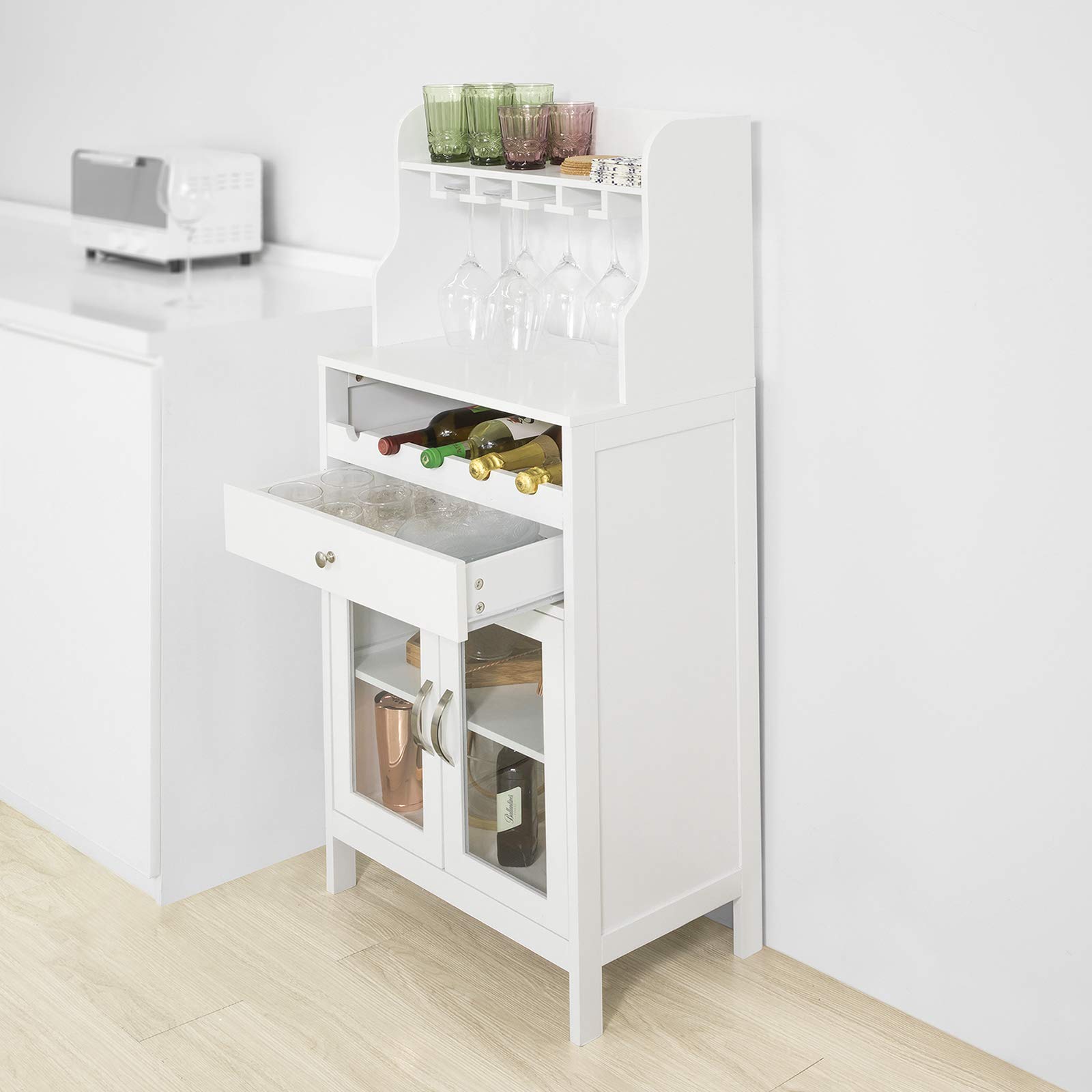 SoBuy Cantinetta portabottiglie di vino Credenza bianca con portabottiglie, portabicchieri e armadietto L56*P35*A128 cm, FSB24-W