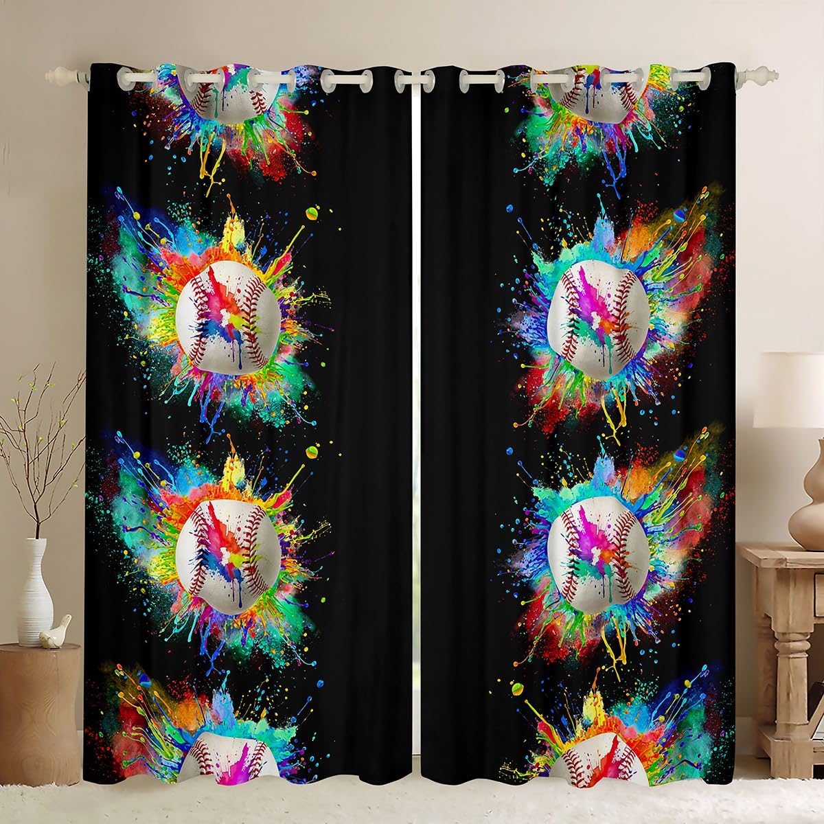 Baseball Curtains for Bedroom Living Room Kids 3D Ball Pattern 30%-50% Blackout Curtains Boys Girls Hip Hop Darkening Drapes Sports Theme Black Window Treatments W46*L72
