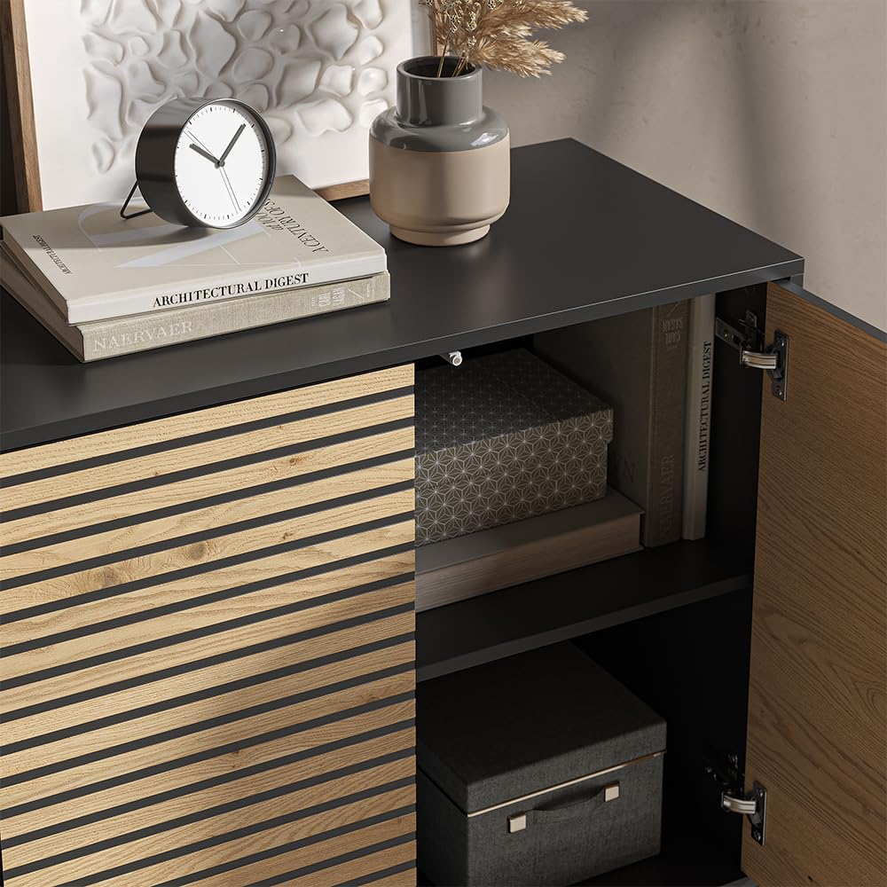Vicco Kommode Eliza, Goldkraft Eiche/Anthrazit, 80 x 81.2 cm mit 2 Türen, Push-to-Open Mechanismus und pflegeleichter Oberfläche