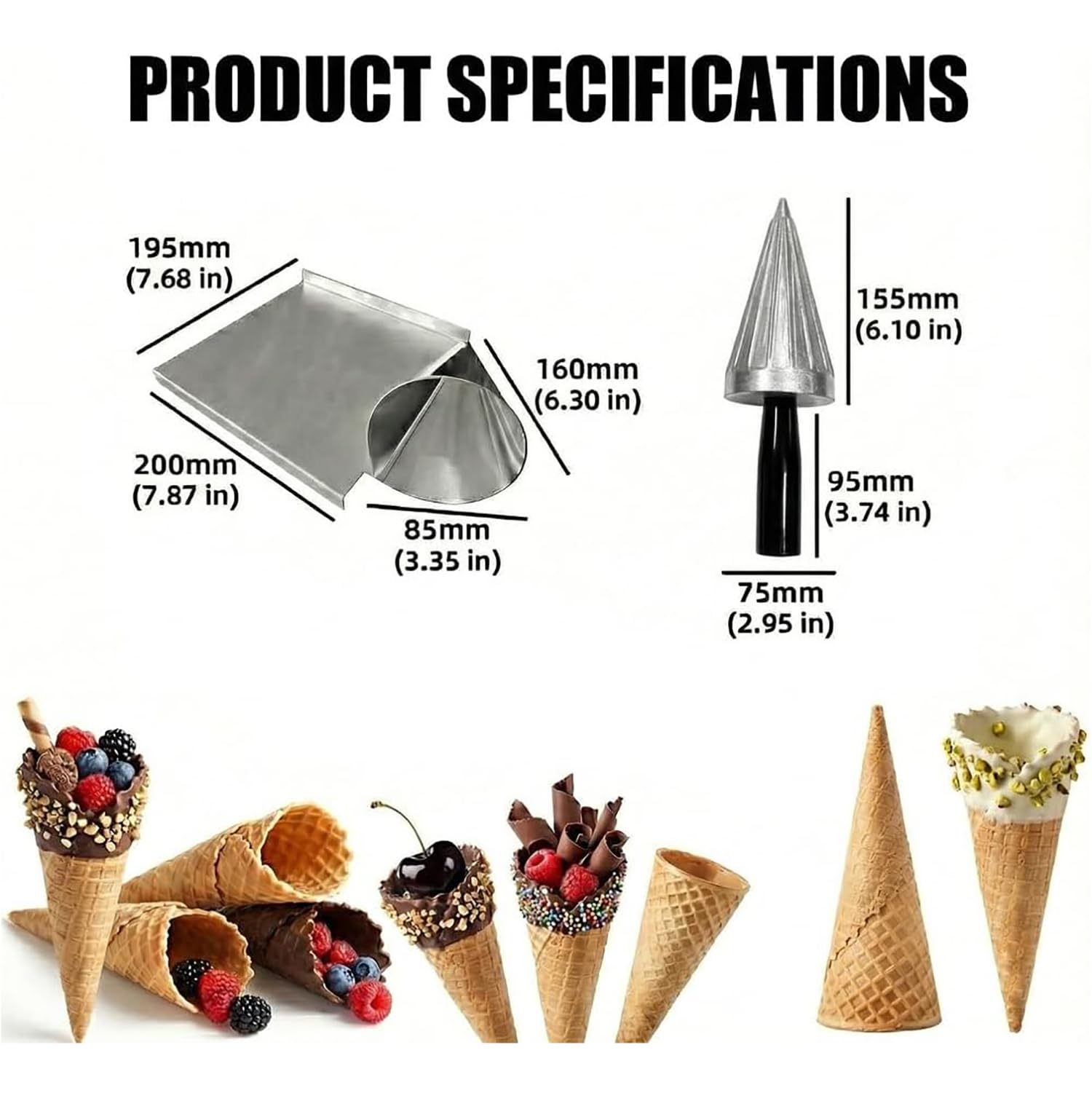 Rullo a cono per gelato, in alluminio pressofuso, resistente, manico comodo, base antiscivolo, stampo fai da te per rotoli di uova croccanti e gusci di pasticceria