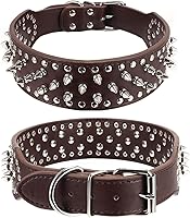 Vista 2 de Hoot - Collar ajustable de piel sintética con tachuelas y clavos para perros, de 5 cm de ancho, 43 tachuelas (L(Cuello 53 cm-61 cm), Marrón Oscuro)