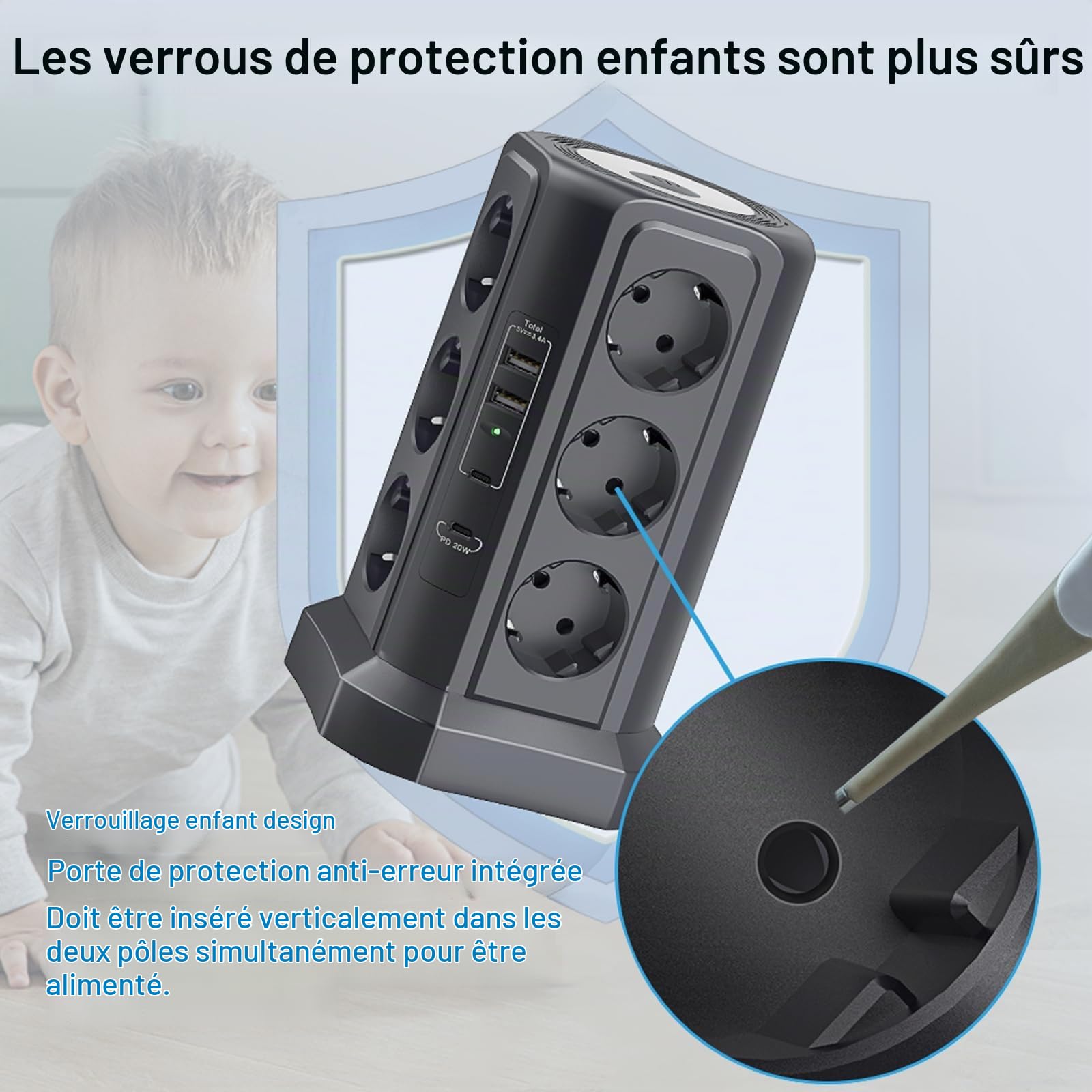 Tour de prise, 12 prises, 4000 W, protection contre les surtensions, prise de table avec 2 ports USB A+ 2 USB C (PD 20 W), prise de distribution de 1,8 m avec veilleuse réglable, noire
