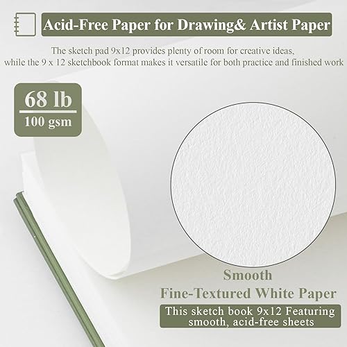 Miniatura 3 de SuFly - Cuaderno de bocetos para dibujo, 9.0 x 12.0 in, 100 hojas (3.53 ozm), encuadernado en espiral, sin ácido, con tapa dura para lápiz de