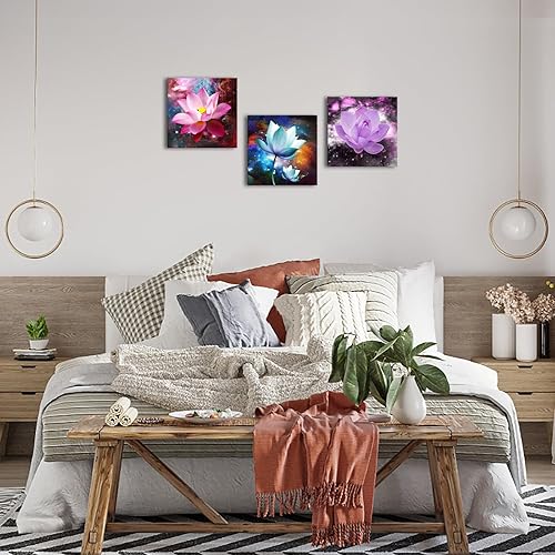 Miniatura 5 de Biuteawal 3 paneles de flores arte de pared de loto floreciente imagen elegante rosa azul púrpura pintura floral lienzo enmarcado moderno hogar
