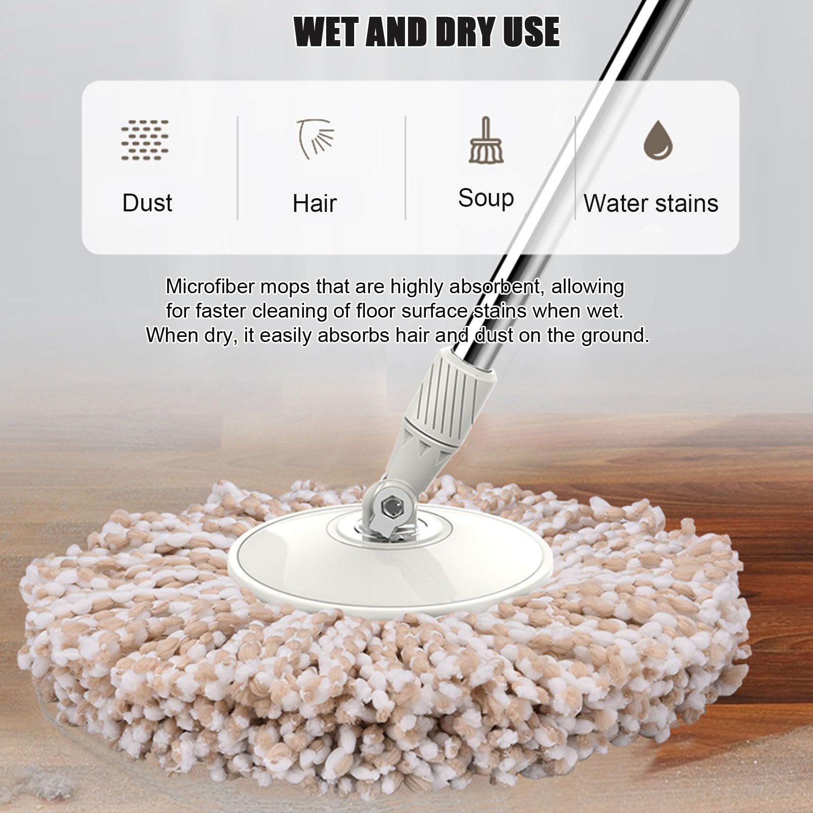 Este Cubo de fregona giratoria para el hogar - Fregona giratoria de 360° y Cesta Interior con escurridor Desmontable - 1 Cabezal de Repuesto de Microfibra para Suelos de Madera, laminados y