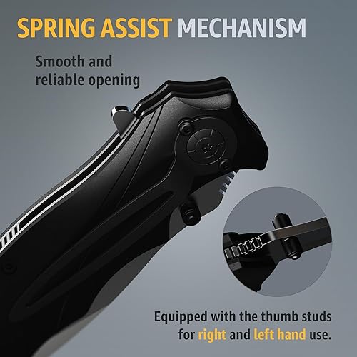 Miniatura 4 de Grand Way Cuchillo táctico para hombre  Cuchillo de bolsillo negro  El mejor cuchillo asistido por resorte con rompedor de vidrio y clip de bolsillo