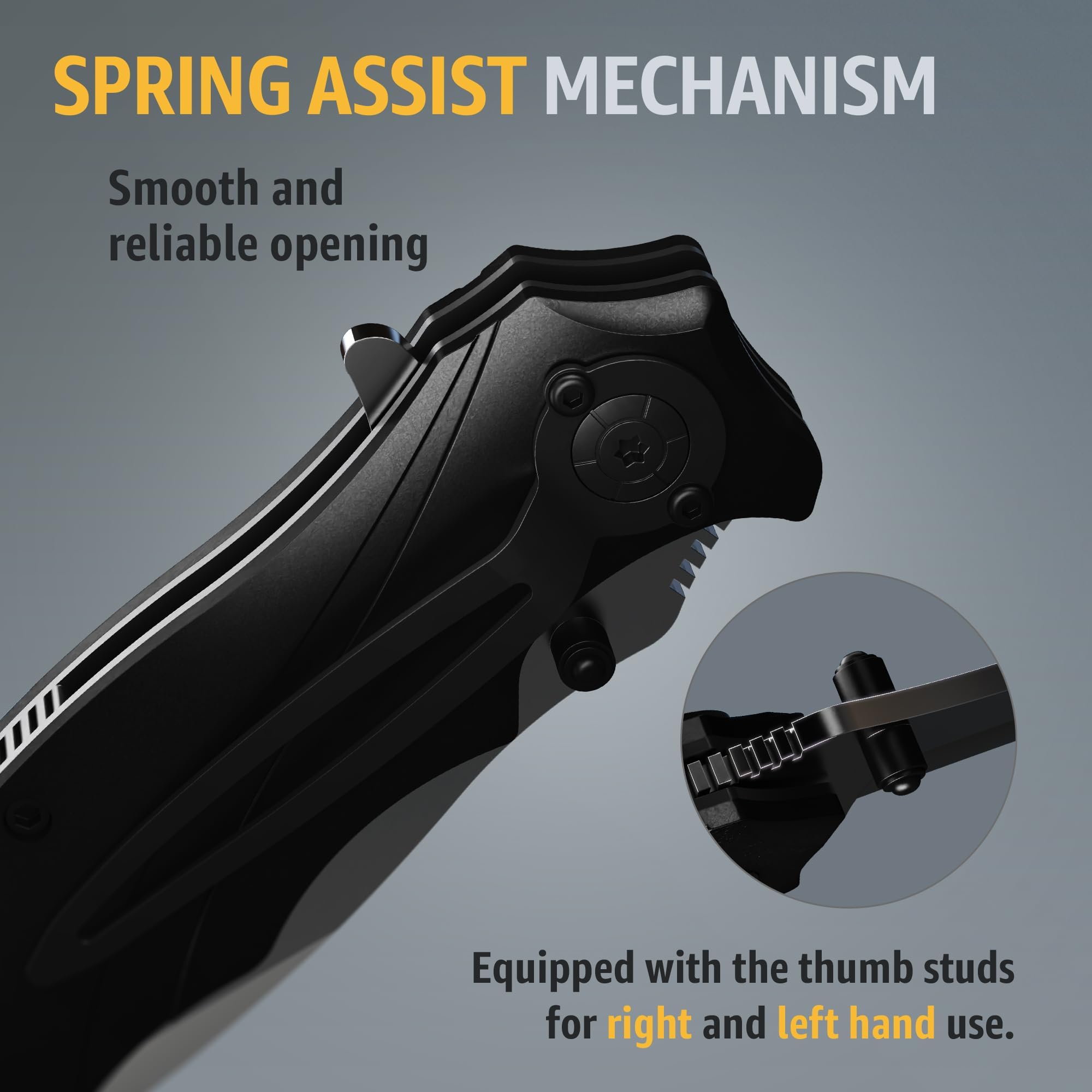 Grand Way Tactical Knife for Men - Black Pocket Knife - Best Spring Assisted Knife with Glass Breaker and Pocket Clip - Cool Folding Knives for Military Work Camping - Birthday Gifts for Dad 6495 B