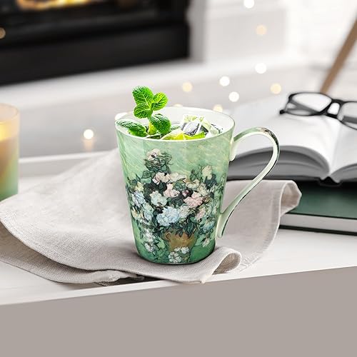 Miniatura 8 de Juego de 4 tazas de café, tazas de porcelana de porcelana de hueso de 12 onzas con impresión artística, mango grande, apto para lavavajillas,