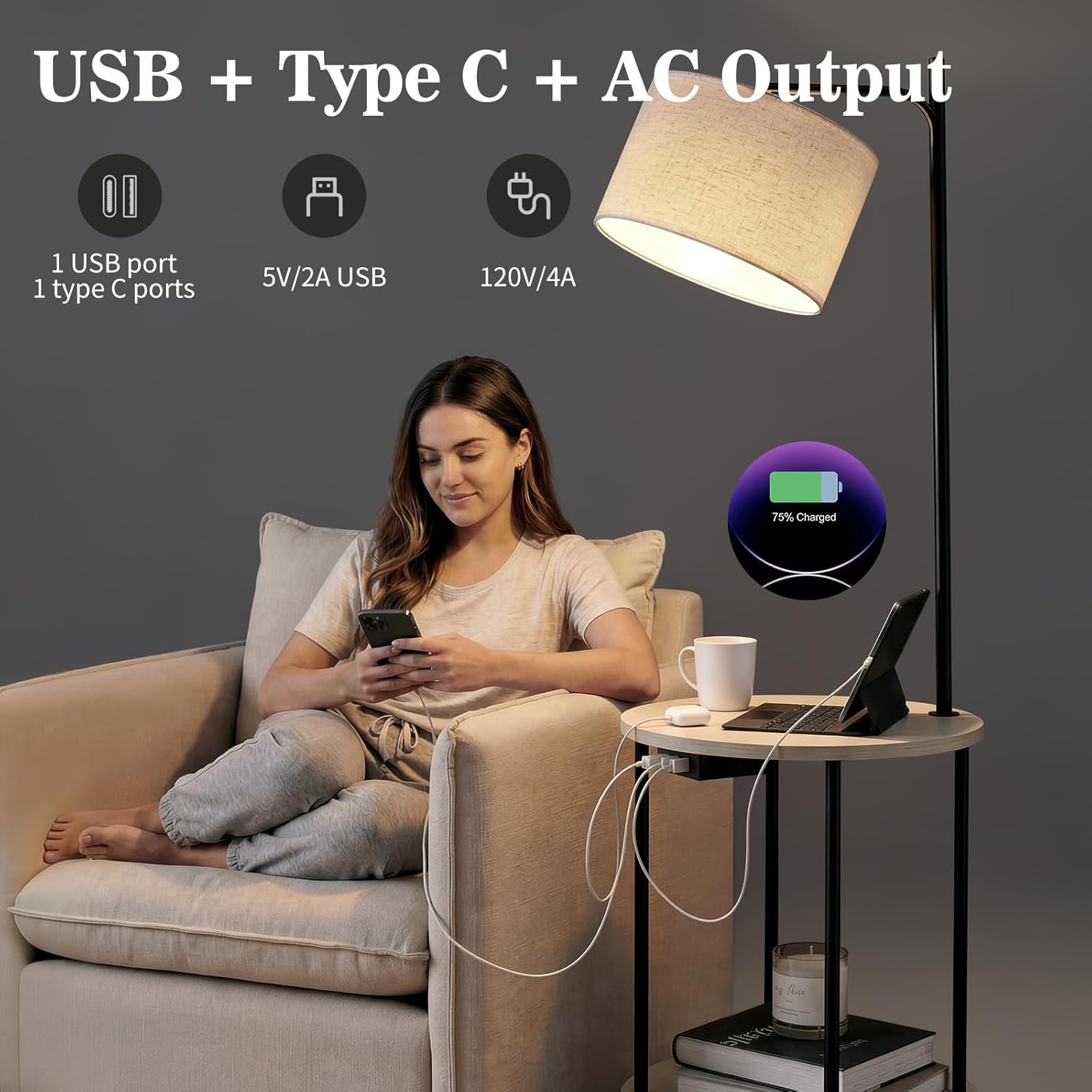 ONEWISH Modern Floor Lamp with Table, Charging Station (USB/Type-C/AC Port), 3 Temperatures, 9W Blub, Round End Table for Bedroom & Living Room (White)