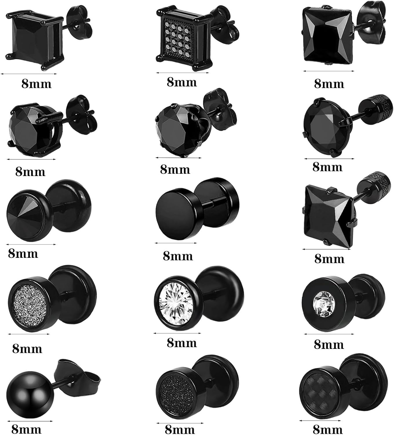 NEWITIN 15 Pairs Stainless Steel Stud Earrings for Men Hypoallergenic Earring Unisex Hoop Hinged Dangle Cross Cubic Zirconia Men Earrings CZ Stud Earring Set for Women - Image 2