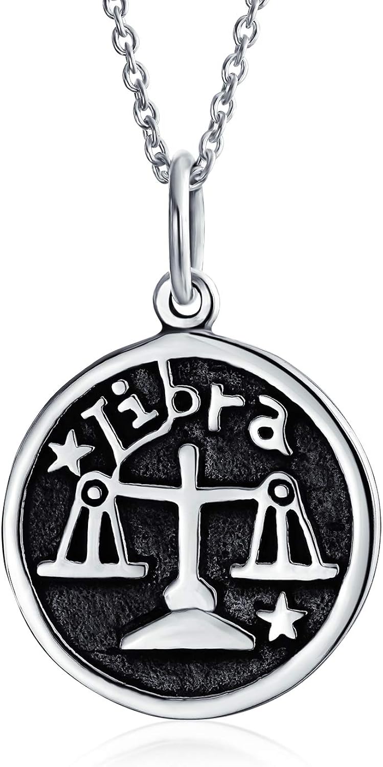Bling Jewelry Libra Zodiac Sign Astrology Horoscope Round Medallion Pendant For Men Women Necklace Antiqued Sterling Silver