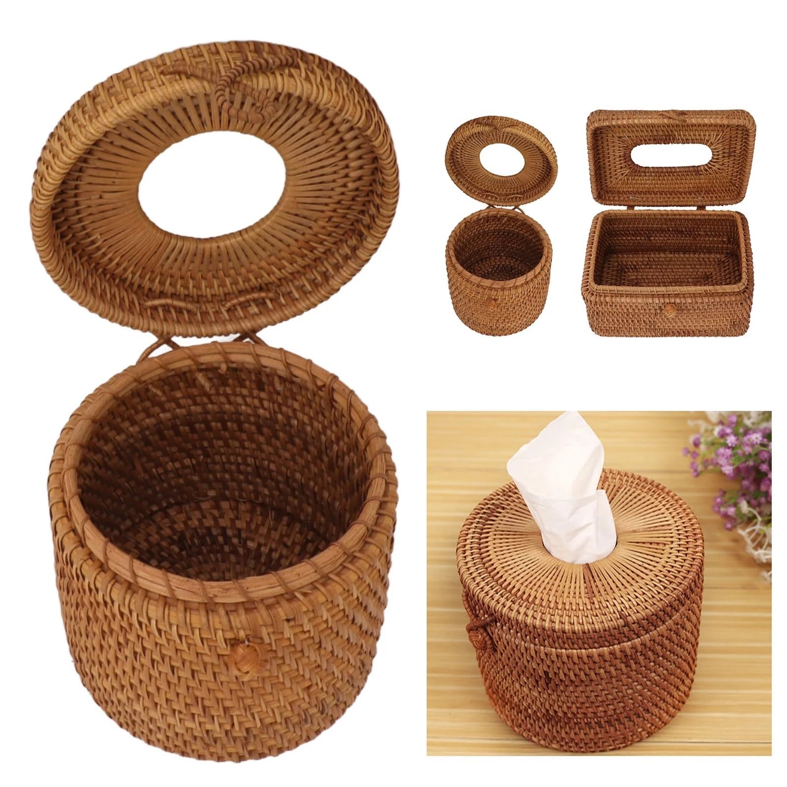 Kosmetiktücherbox aus Rattan Rattan gewebte Taschentuchbox-Abdeckung Rattan Taschentuchbox-Abdeckung natürlich schön for Wohnzimmer(Square)
