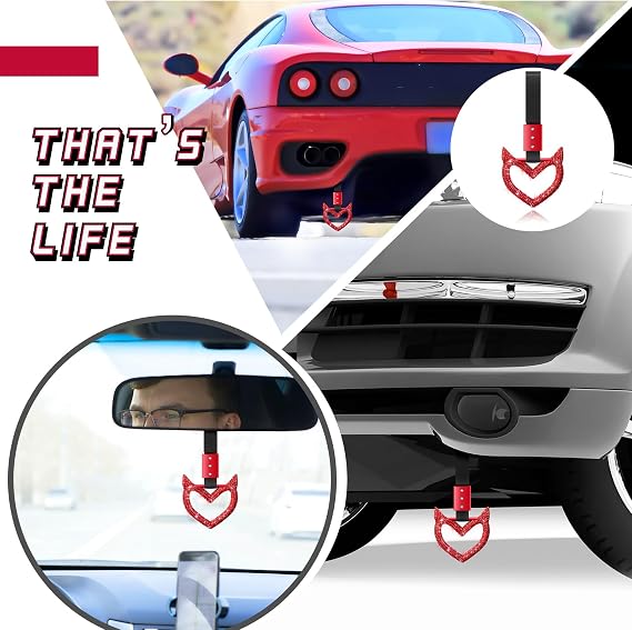 Fabbay Bling Heart Car Handle Strap Drift Charm Car Accessories for Women | Red Heart Rear Bumper Warning Ring Decor, for Car, Auto, Bus, Subway, Interior Exterior Decorations, Devil Style