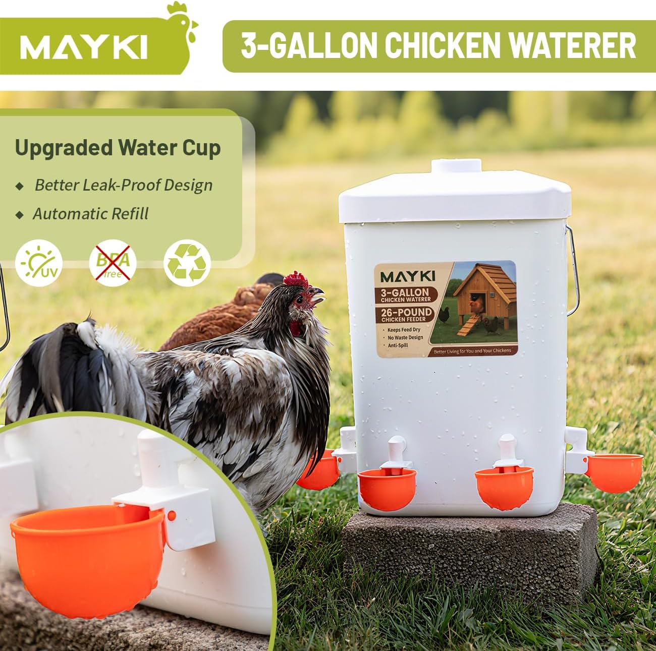 MAYKI Chicken Feeder and Waterer Set, 3 Gallon/26 LB No Waste Poultry Feeding System with Hanging Option, Automatic Coop Accessories for 10 Hens, Upgraded Feeder Port Water Cup, BPA-Free Winter Design