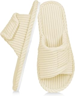ladies slippers memory foam, adjustable hook and loop corduroy women slippers, open toe cozy non-slip indoor outdoor home slipper