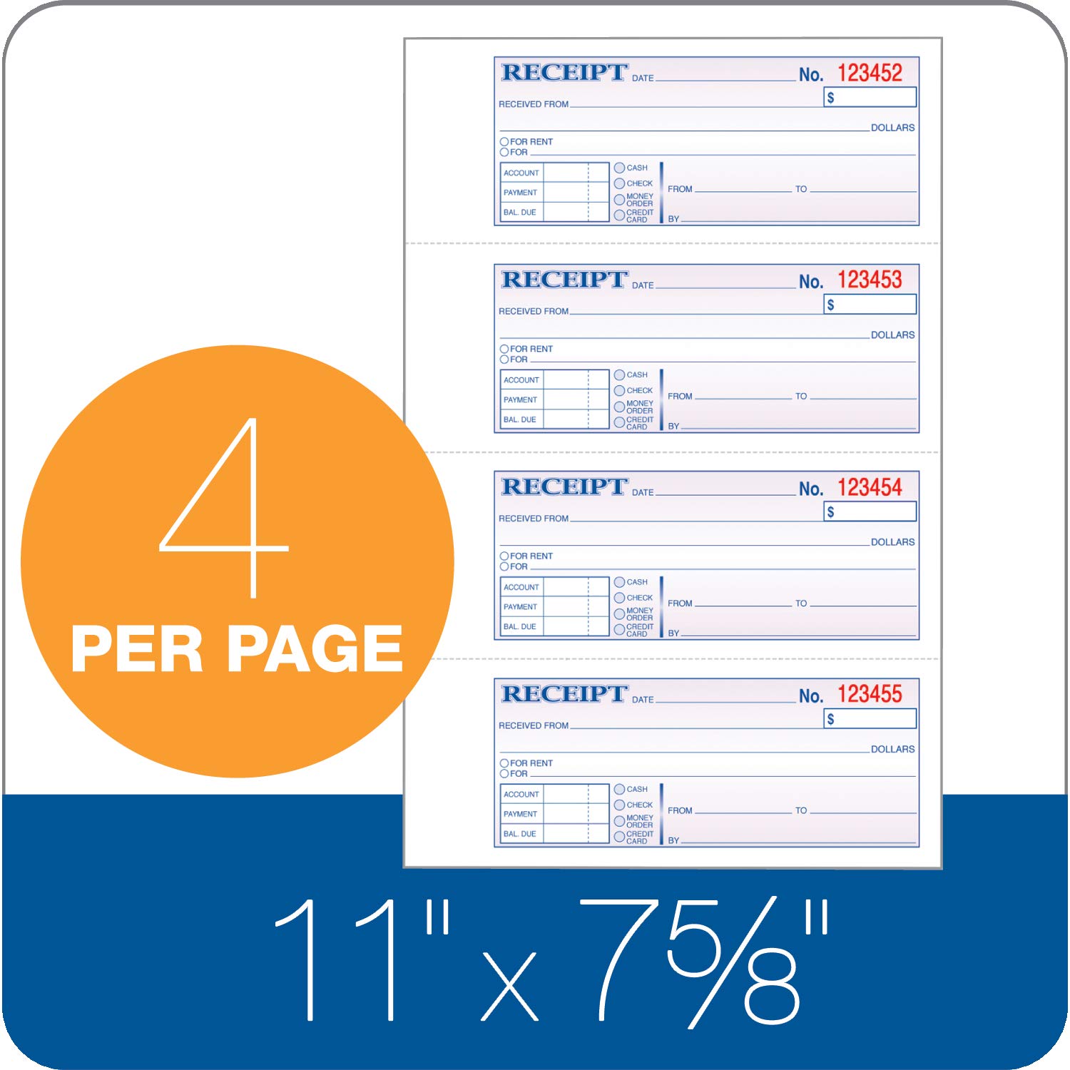 Tops Geld/Rent Receipt Buch, 3-teilig, selbstdurchschreibend, 11 x 7–5/20,3 cm, 4 Quittungen/Seite, 100 Sets pro Buch (46808)