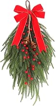 RECUTMS Artificial Christmas Hanging Swags 25 Inch Faux Norfolk Pine Teardrop Ornament with Bells, Bowknot and Red Berries for Xmas Door Stairs Fireplace Home Holiday Indoor Outdoor Decor(Red)