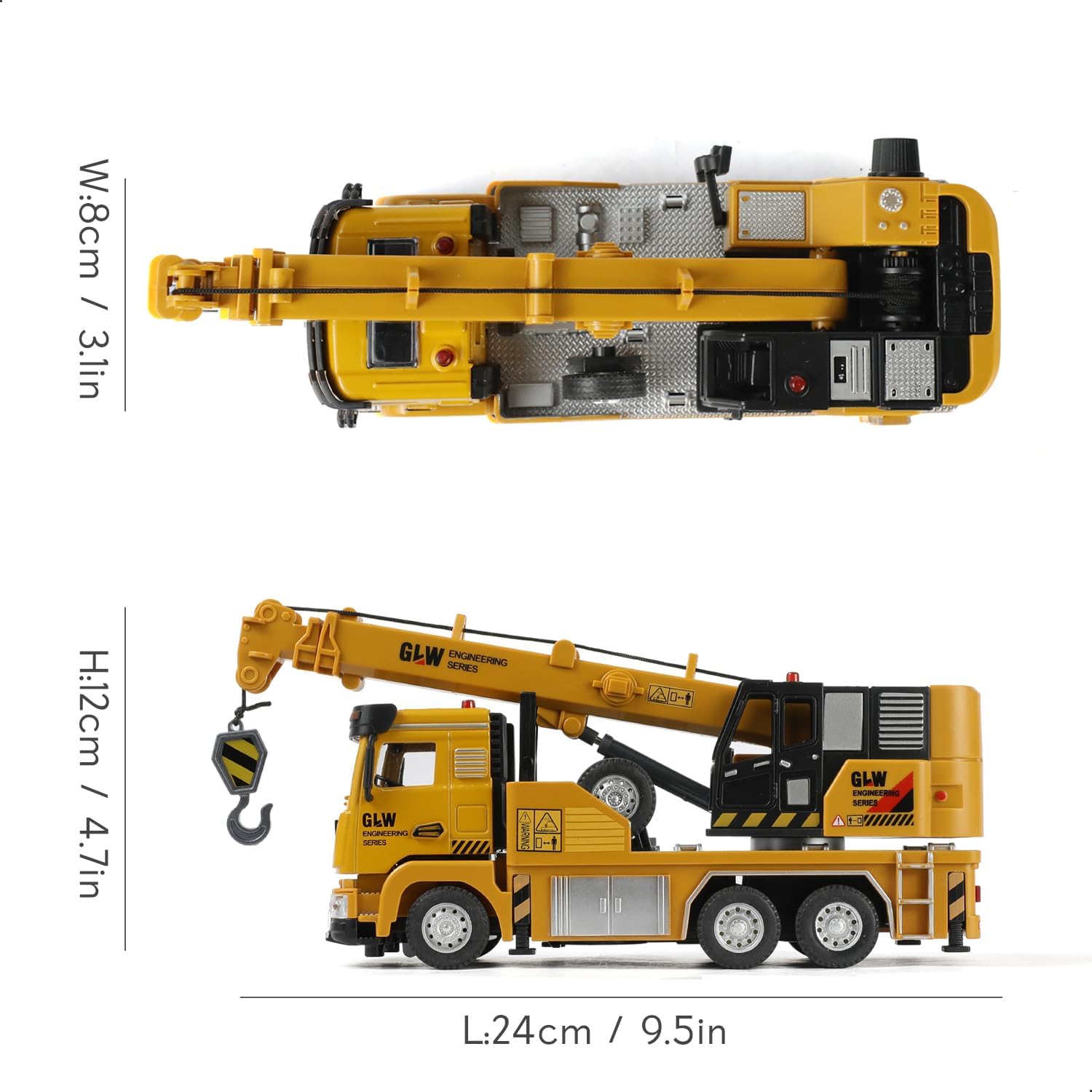 Toy Crane Truck with Telescopic and Metal Hook, 1/40 Boom Construction Vehicle with Lights, Sound Effects and Pull-Back Action, STEM Educational Gift for Boys and Kids