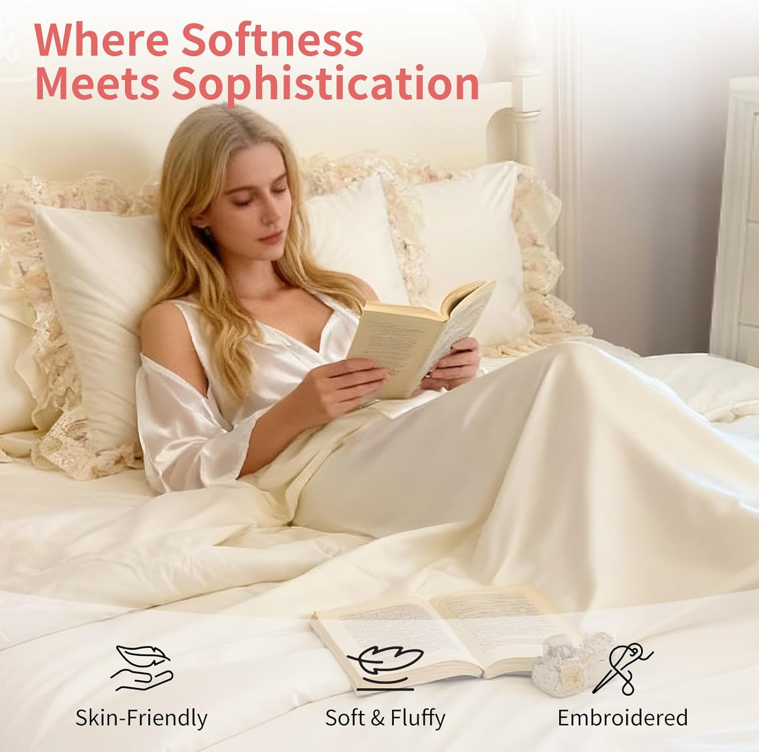 french chic bedding set 4-piece - romantic lace trim washed cotton, duvet cover with bed skirt & pillowcases for queen bed, princess style (comforter not included) (off white,queen (u.s. standard)) white queen (u.s. standard)