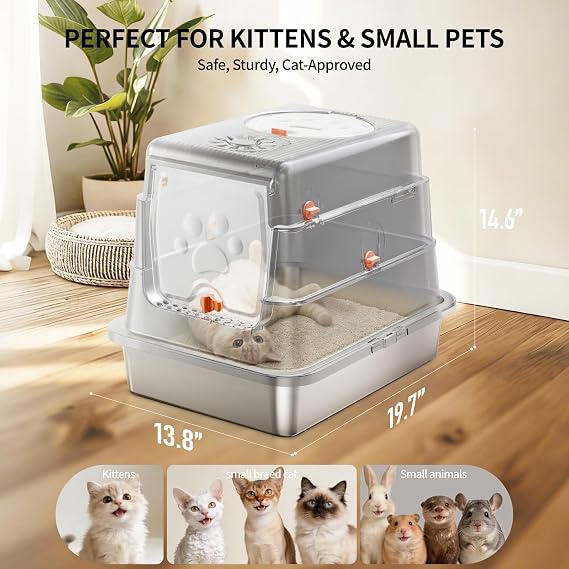 Stainless Steel Cat Litter Tray, Enclosed Cat Litter Box with Lid, High Sided Metal Litter Pan, Leak-Proof, Odor-Free&Non-Stick, Easy to Clean, Included Scoop & Pedal- Grey, Small