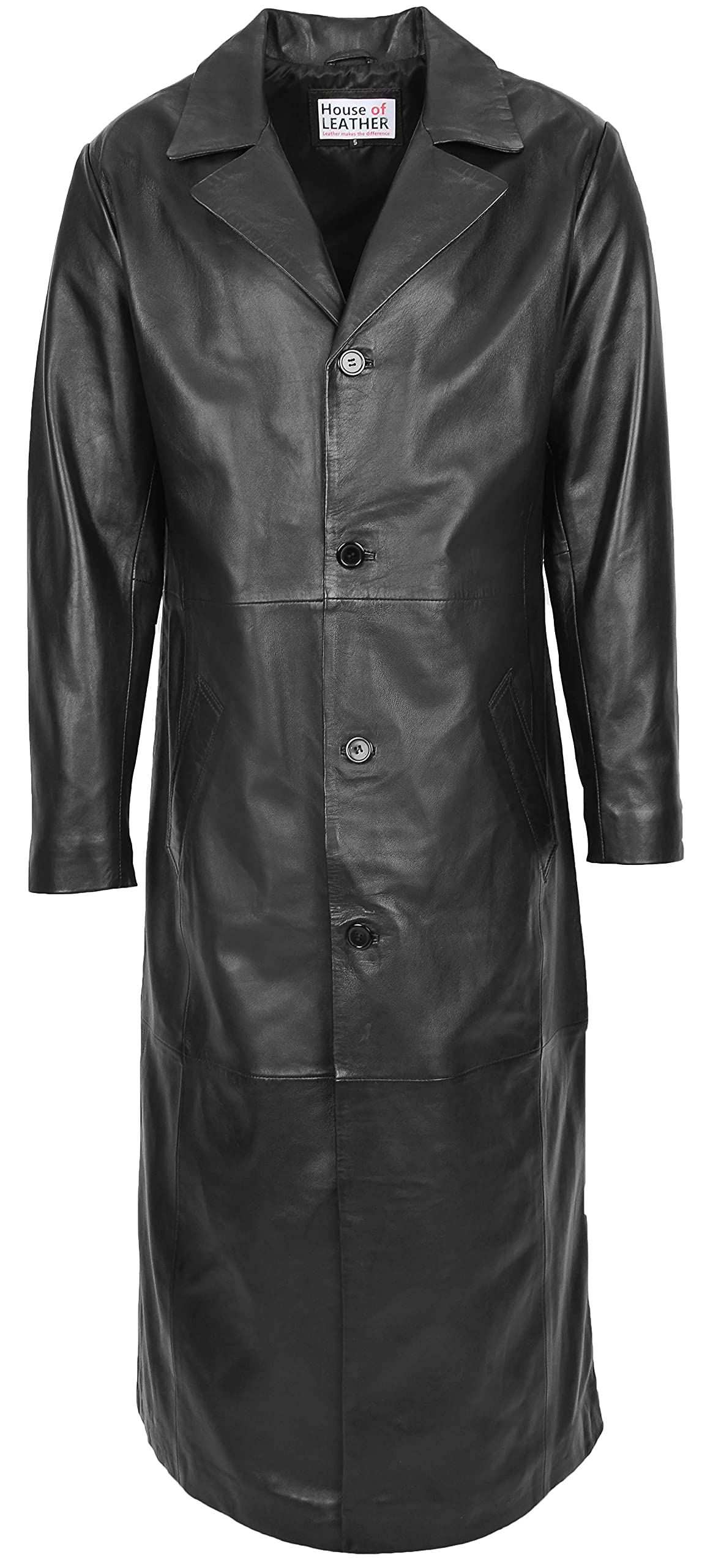House Of Leather Men's Black Real Leather Full Length Coat Classic Long Blazer Style Freddie (M)