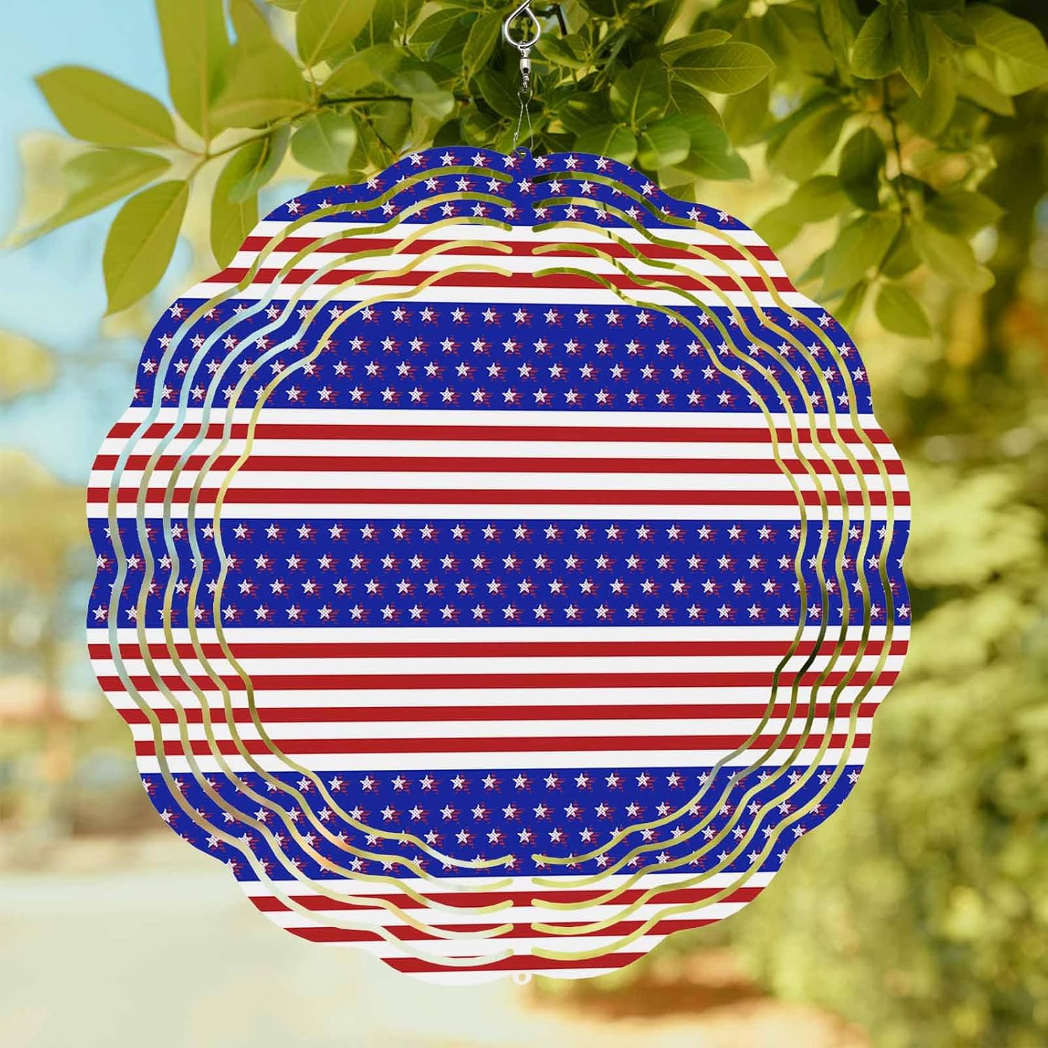 Independence Day Stars and Stripes Wind Spinner for Garden Yard 3D Stainless Steel Hanging Wind Spinners, Patriotic American Flag Spinners Outdoor Metal Decor for Lawn Patio Home