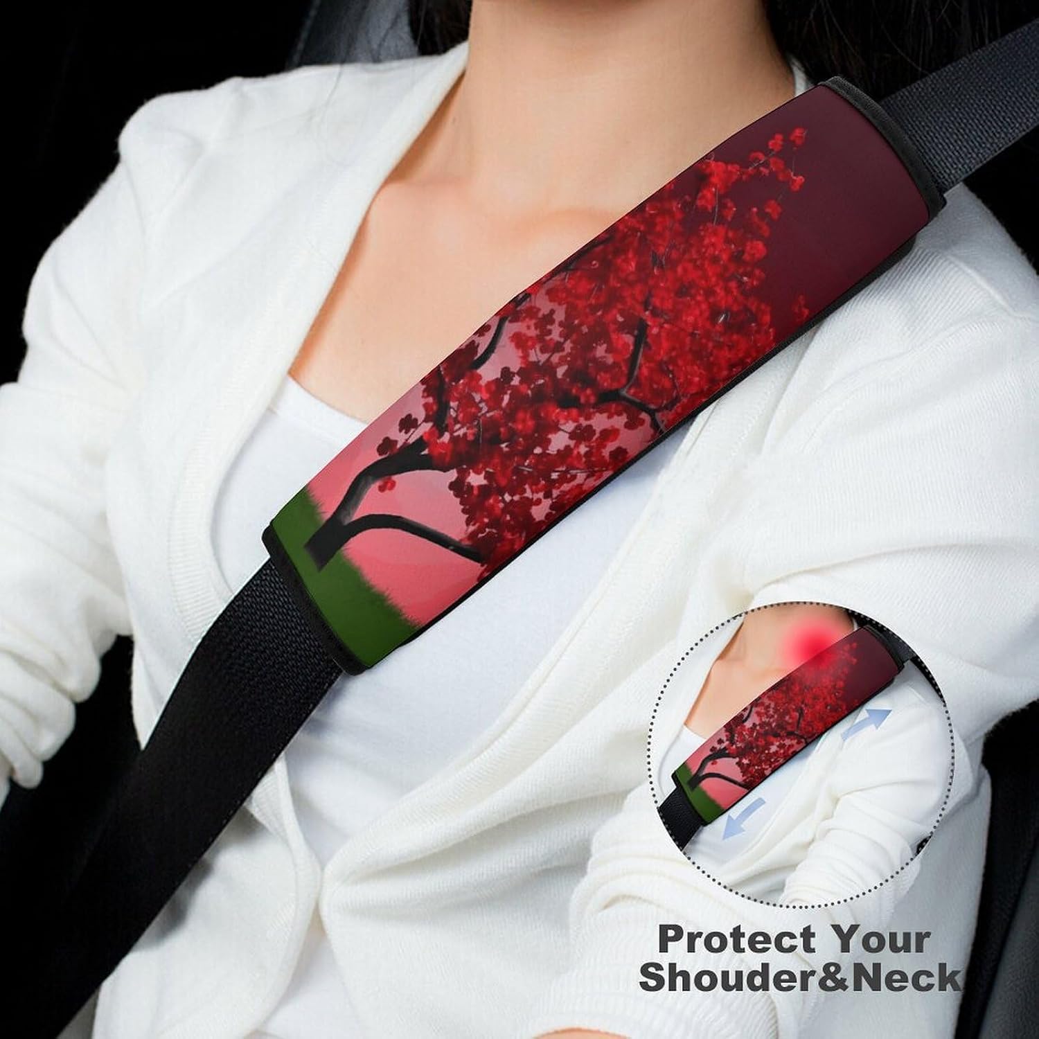 2 PCS Super Soft Car Seat Belt Pad, Cute Red Cherry Blossom Printed Waterproof Sweat-Absorbing Seat Belt Covers Backpack Shoulder Pad for All Car Seats Baby Strollers