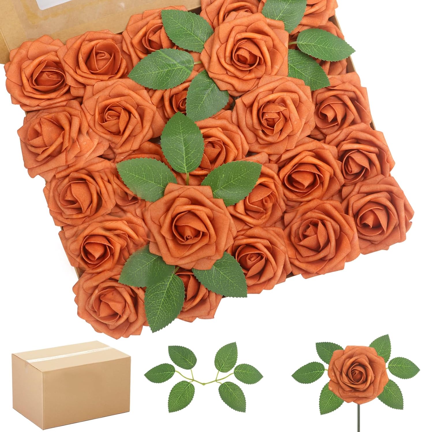 200PCS Artificial Flowers Burnt Orange Roses Real Looking Foam Fake Roses with Leaves and for DIY Wedding Bouquets Bridal Shower Centerpieces Party Decorations (Burnt Orange, 200) 200 Burnt Orange
