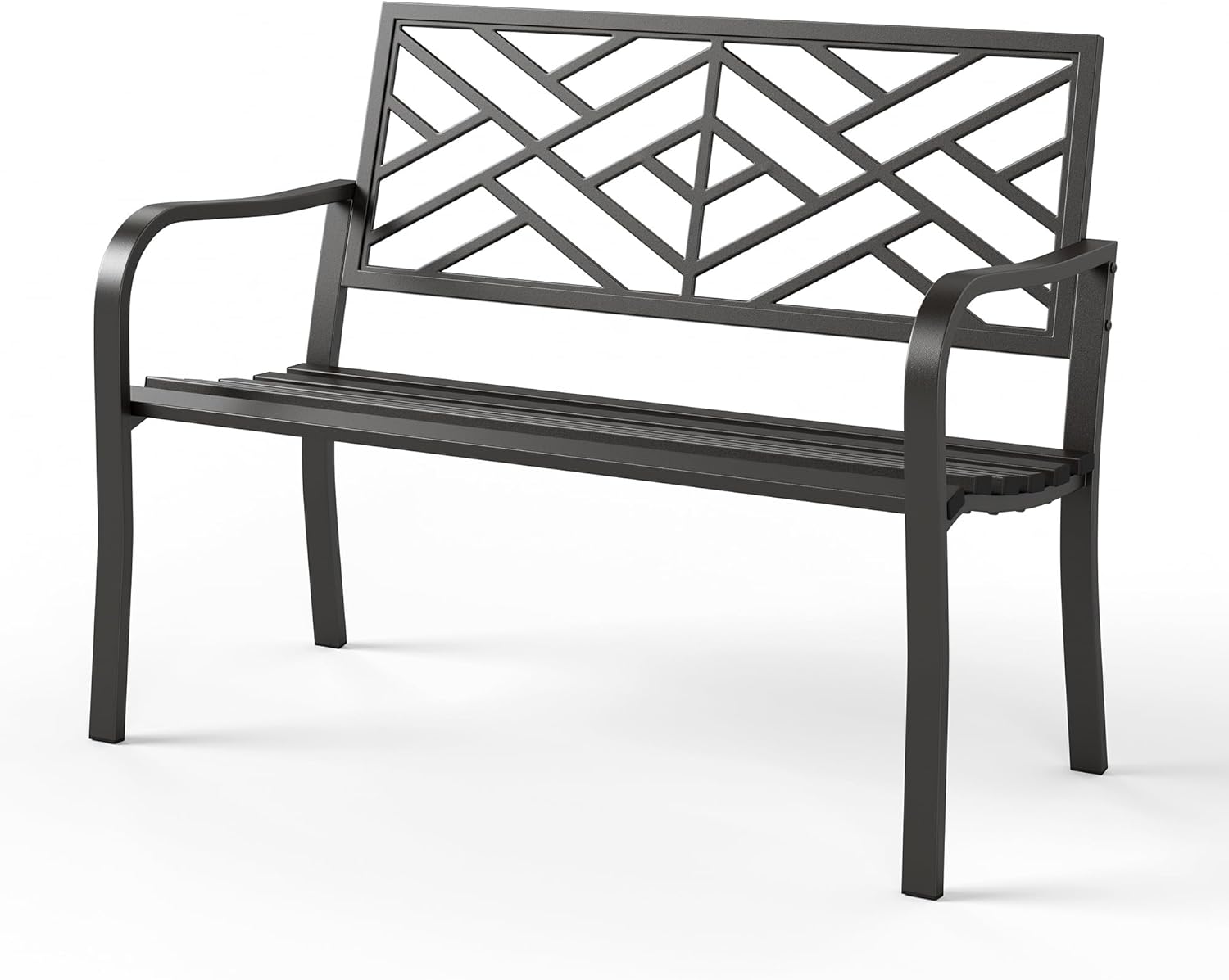 Outdoor metal bench with minimalist backrest, black